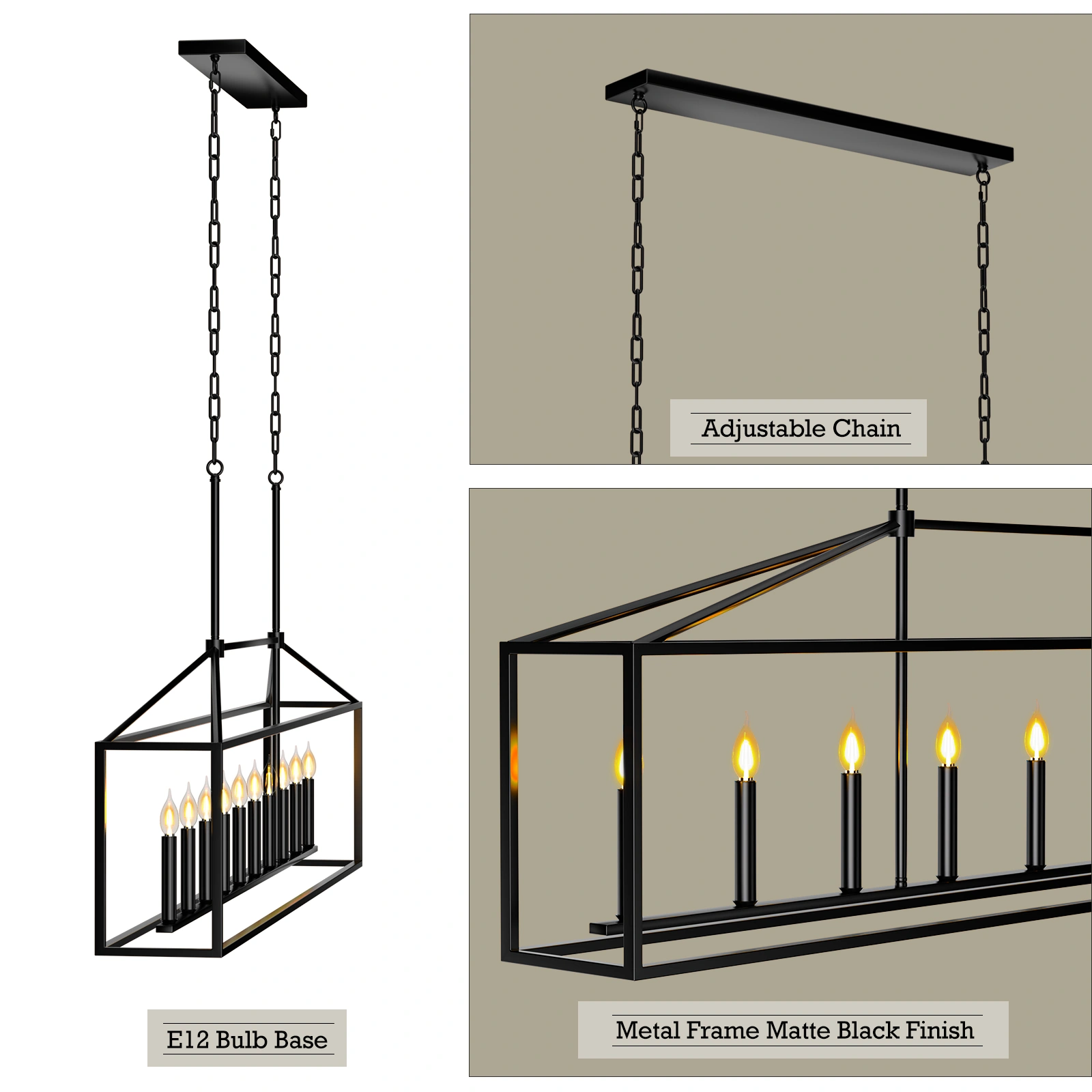10 Lights Farmhouse Black Chandelier Rectangular Linear Pendant Lighting for Dining Room Kitchen Island view 6