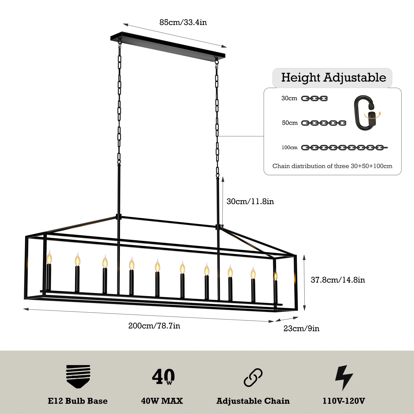 10 Lights Farmhouse Black Chandelier Rectangular Linear Pendant Lighting for Dining Room Kitchen Island view 7