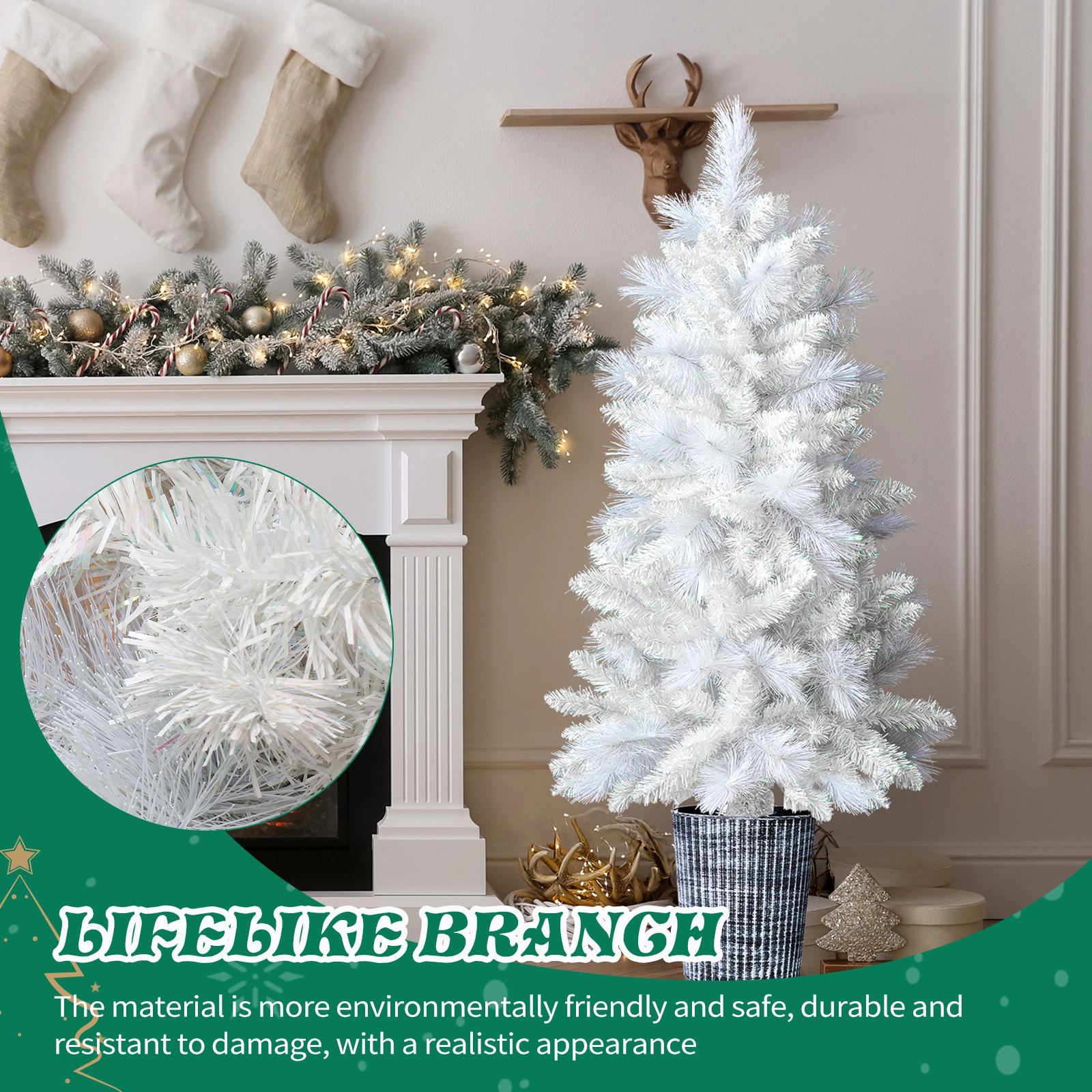 4 FT White Artificial Christmas Tree with Pot Stand, Potted Xmas Pine Tree with 200 Branch Tips for Holiday Party Office Home, White view 10