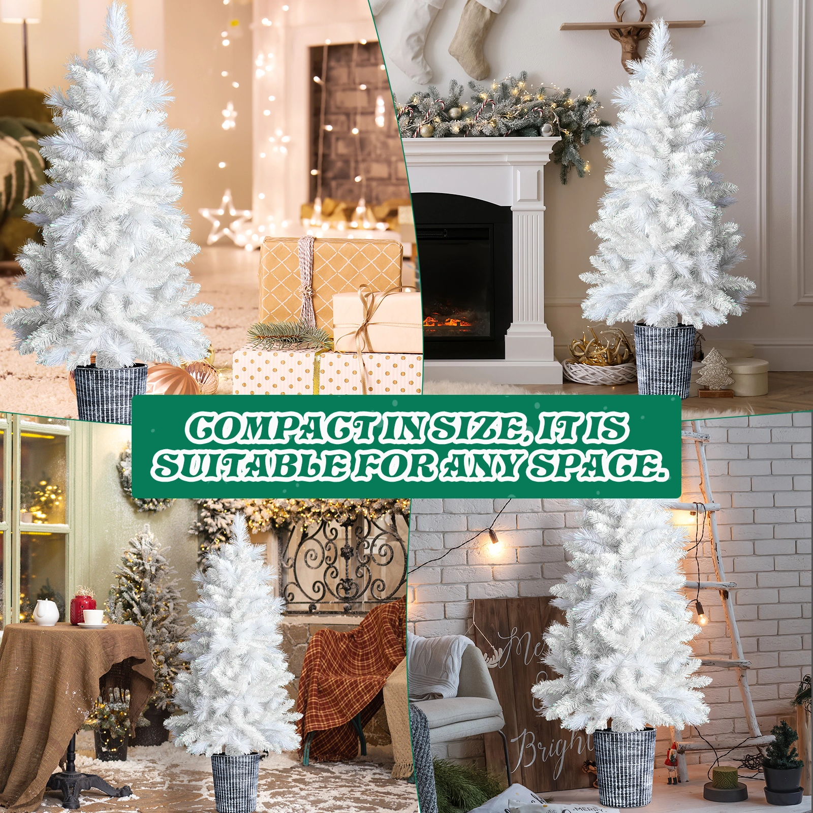 4 FT White Artificial Christmas Tree with Pot Stand, Potted Xmas Pine Tree with 200 Branch Tips for Holiday Party Office Home, White view 8