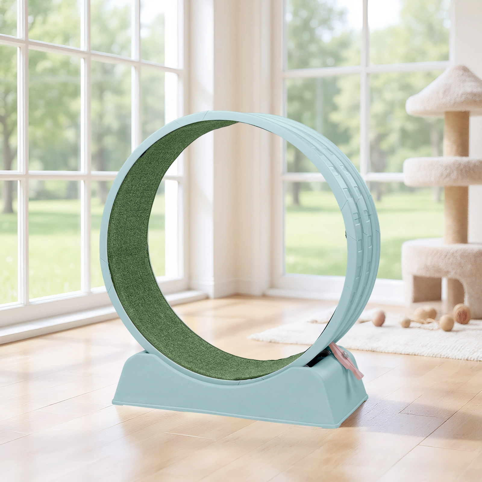 80*34*86CM Light blue PP track connector assembly, circular design with green carpet + 1 cat teaser stick, 15kg cat treadmill view 2