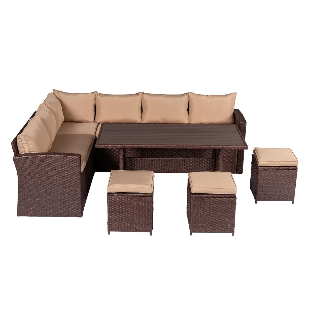 8-Piece Outdoor Rattan Dining Set Brown Wood Grain Rattan Table & Chairs Khaki Cushion Plastic Wood Surface 3 Boxes