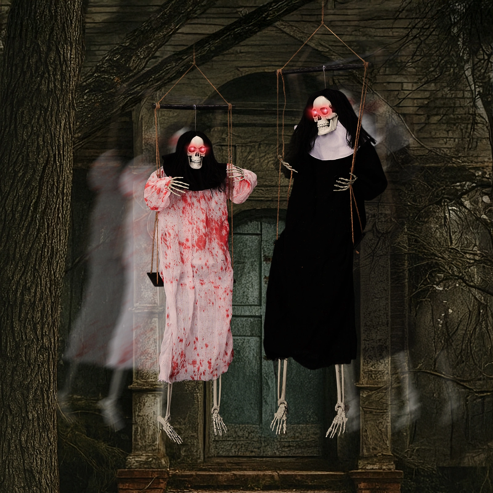 Halloween Outdoor Decorations 2 Pack Hanging Ghosts with Light-Up Eyes & Horror Scream, 3ft Scary Grim Reaper Swinging Flying Ghost for Yard Patio Lawn Garden view 9