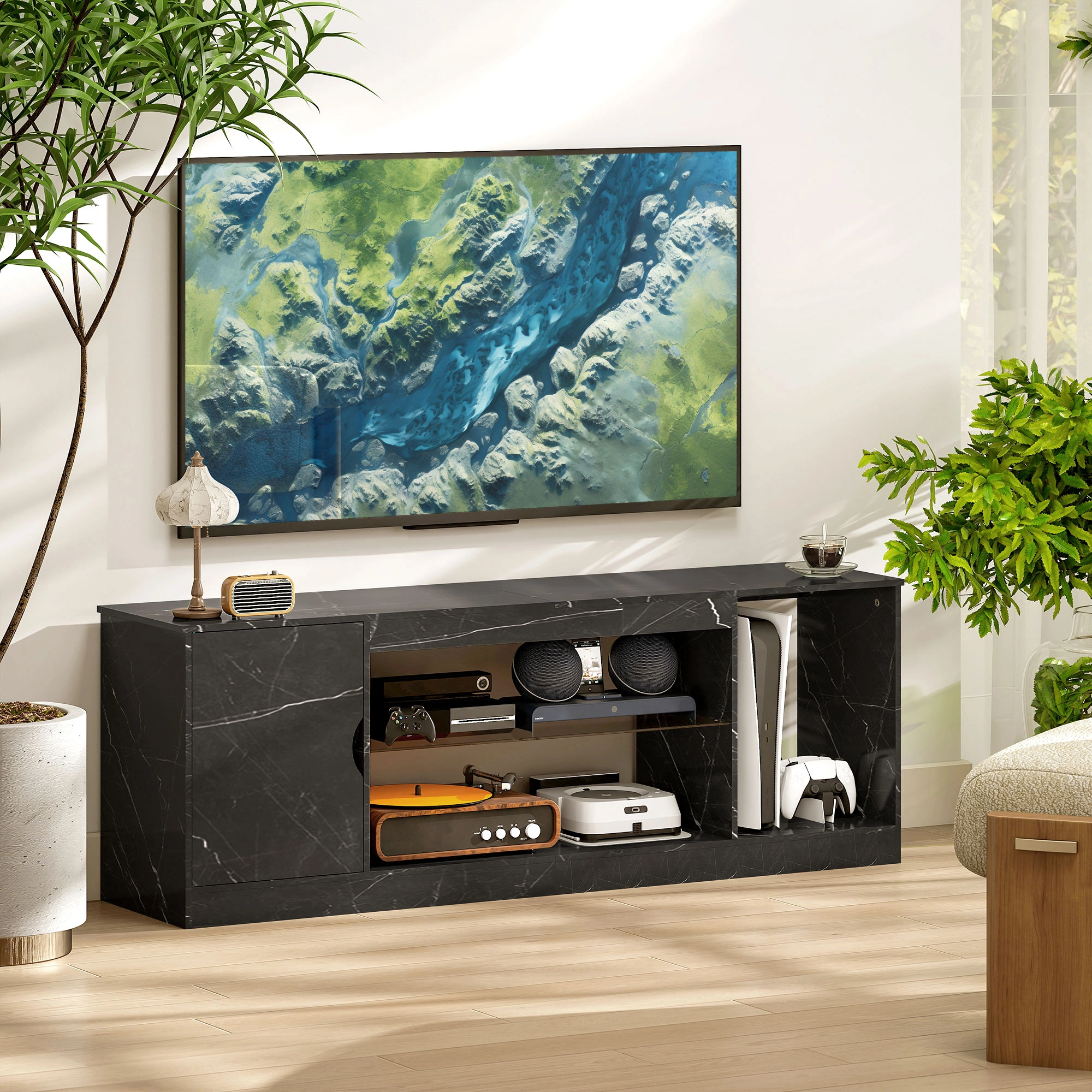 Mid-Century TV Stand Cabinet, 55 Inch Entertainment Center with Storage Shelves, Wood Coffee Table for Living Room