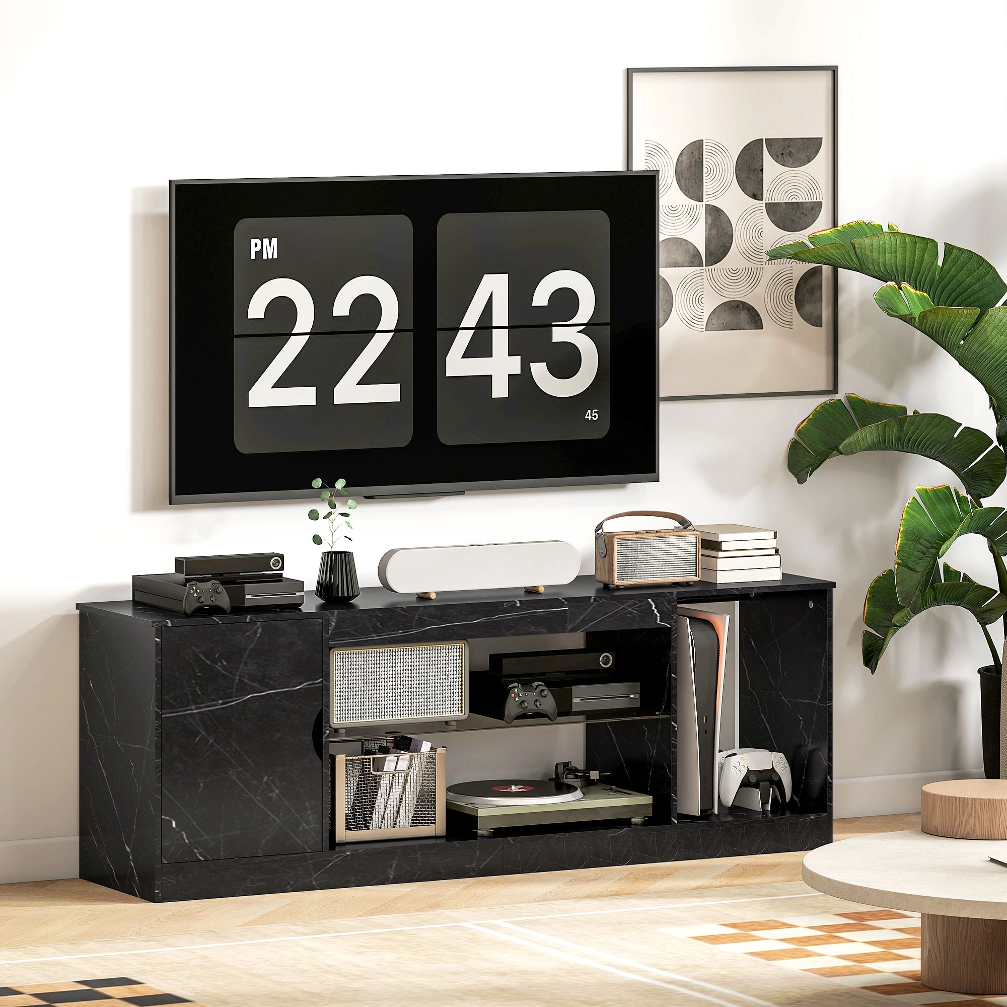 Mid-Century TV Stand Cabinet, 55 Inch Entertainment Center with Storage Shelves, Wood Coffee Table for Living Room view 4