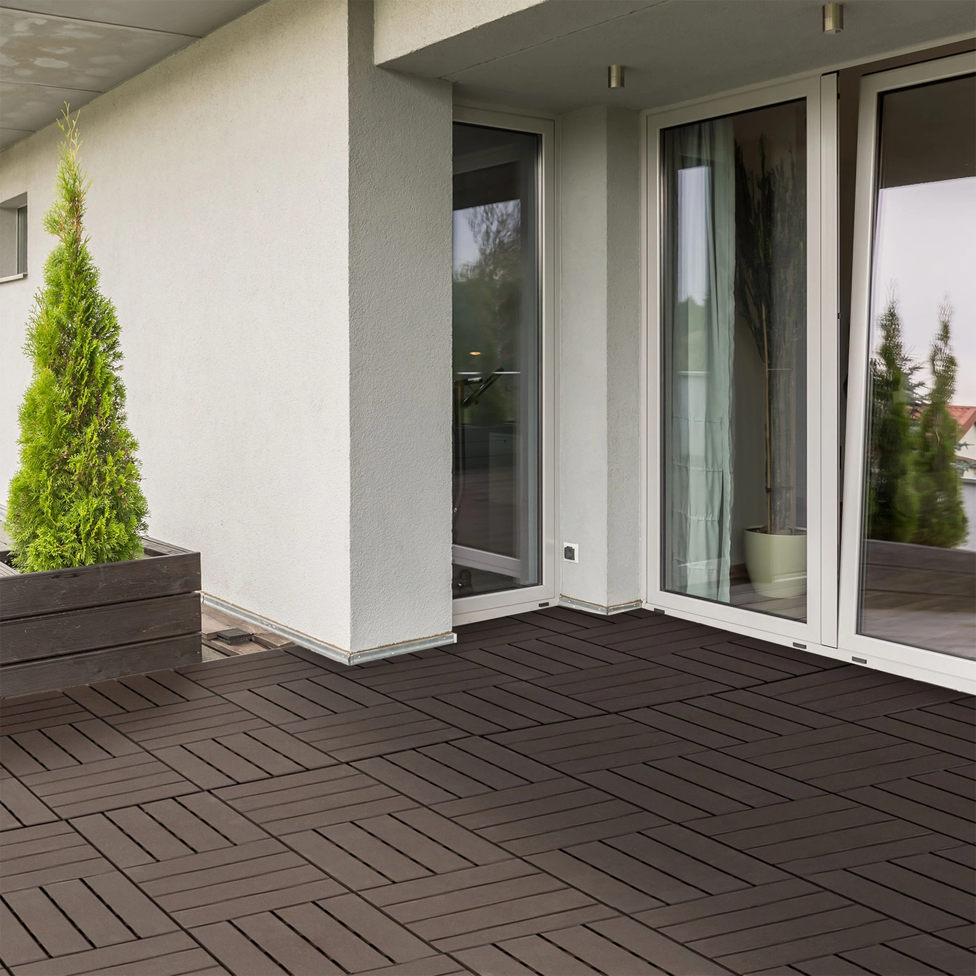 12" x 12" Interlocking Deck Tiles 9 PCS, Outdoor Patio Flooring Tiles, Teak Wood Look, AS Model