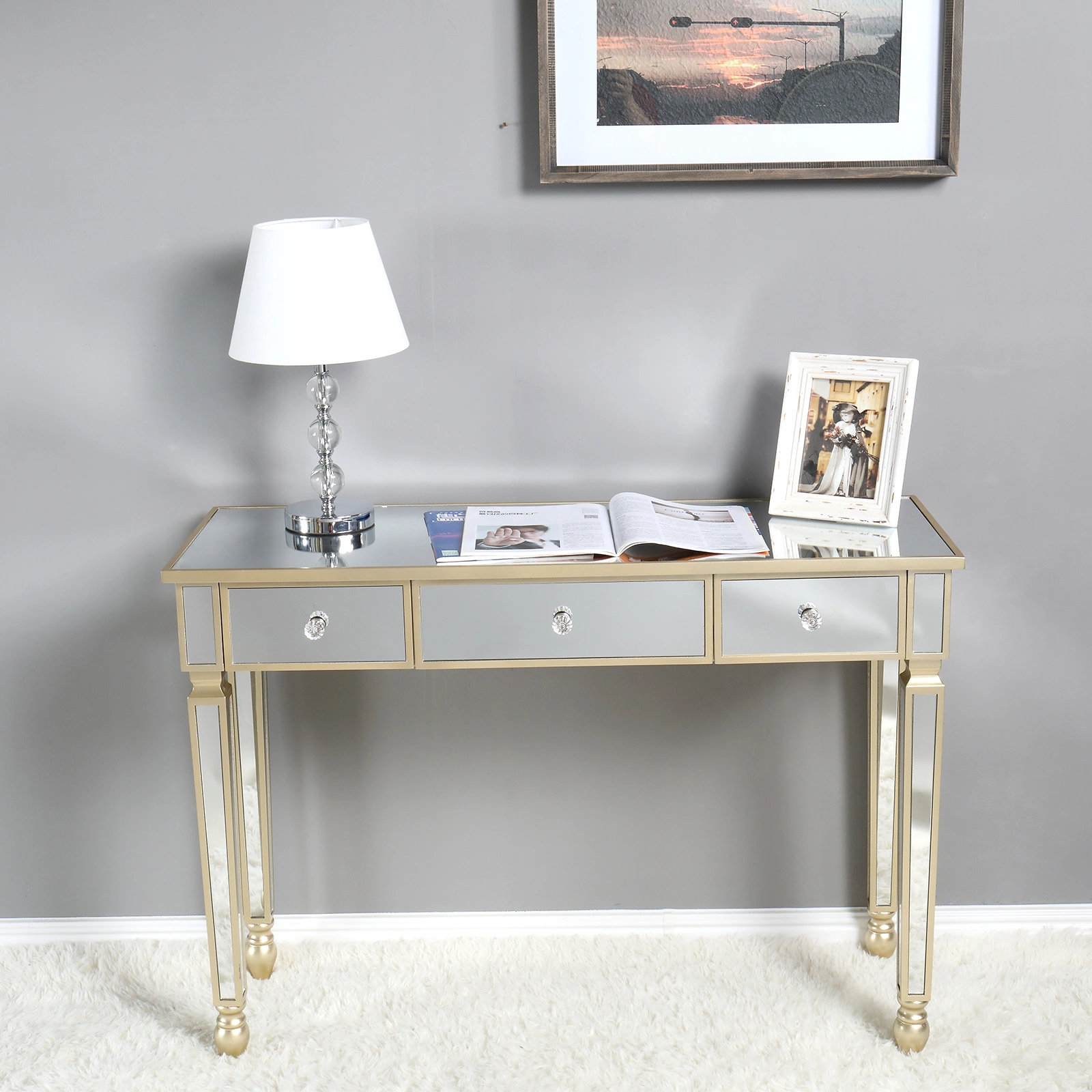 Three Drawers Mirror Table Dressing Table Console Table view 25