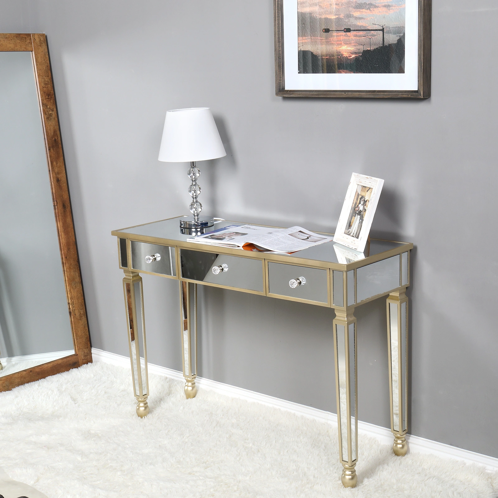 Three Drawers Mirror Table Dressing Table Console Table view 27