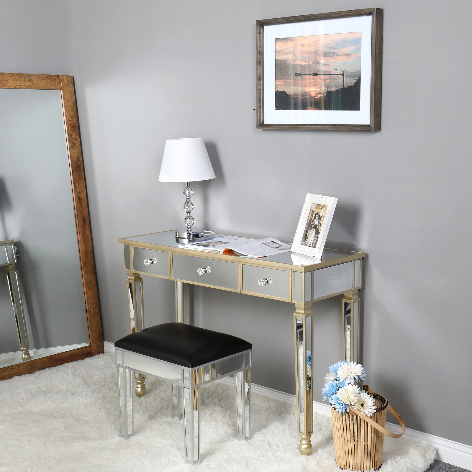 Three Drawers Mirror Table Dressing Table Console Table view 29