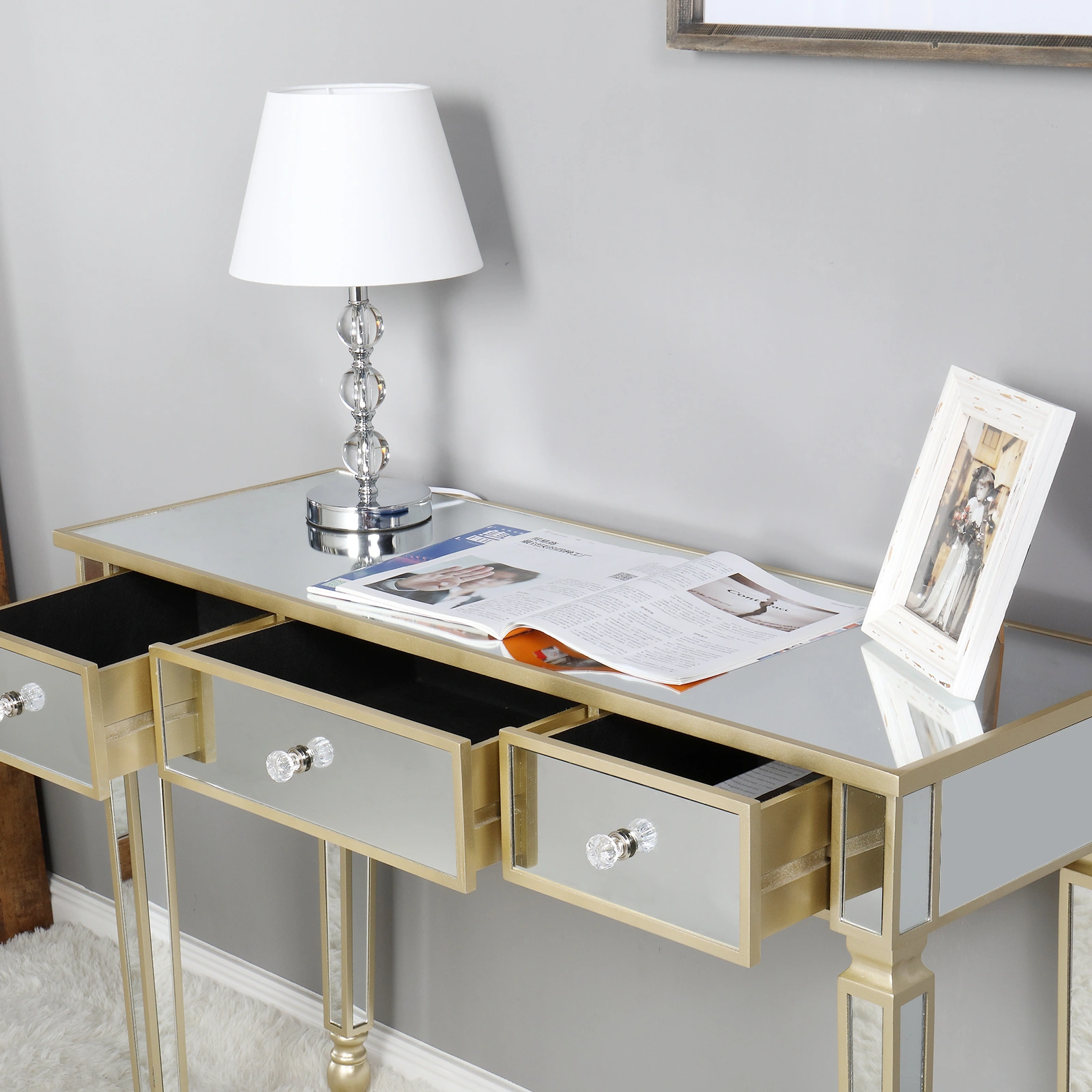 Three Drawers Mirror Table Dressing Table Console Table view 30