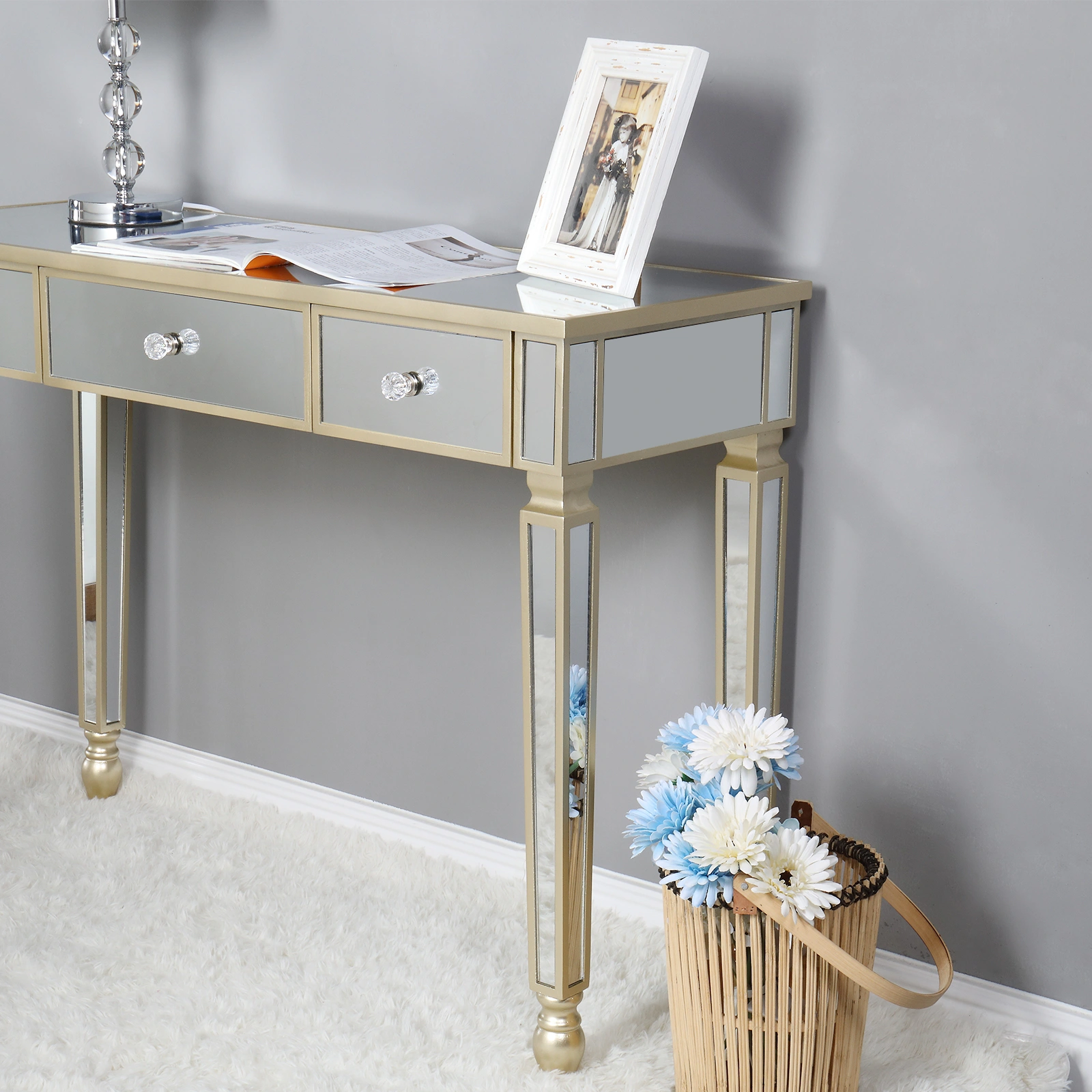 Three Drawers Mirror Table Dressing Table Console Table view 32