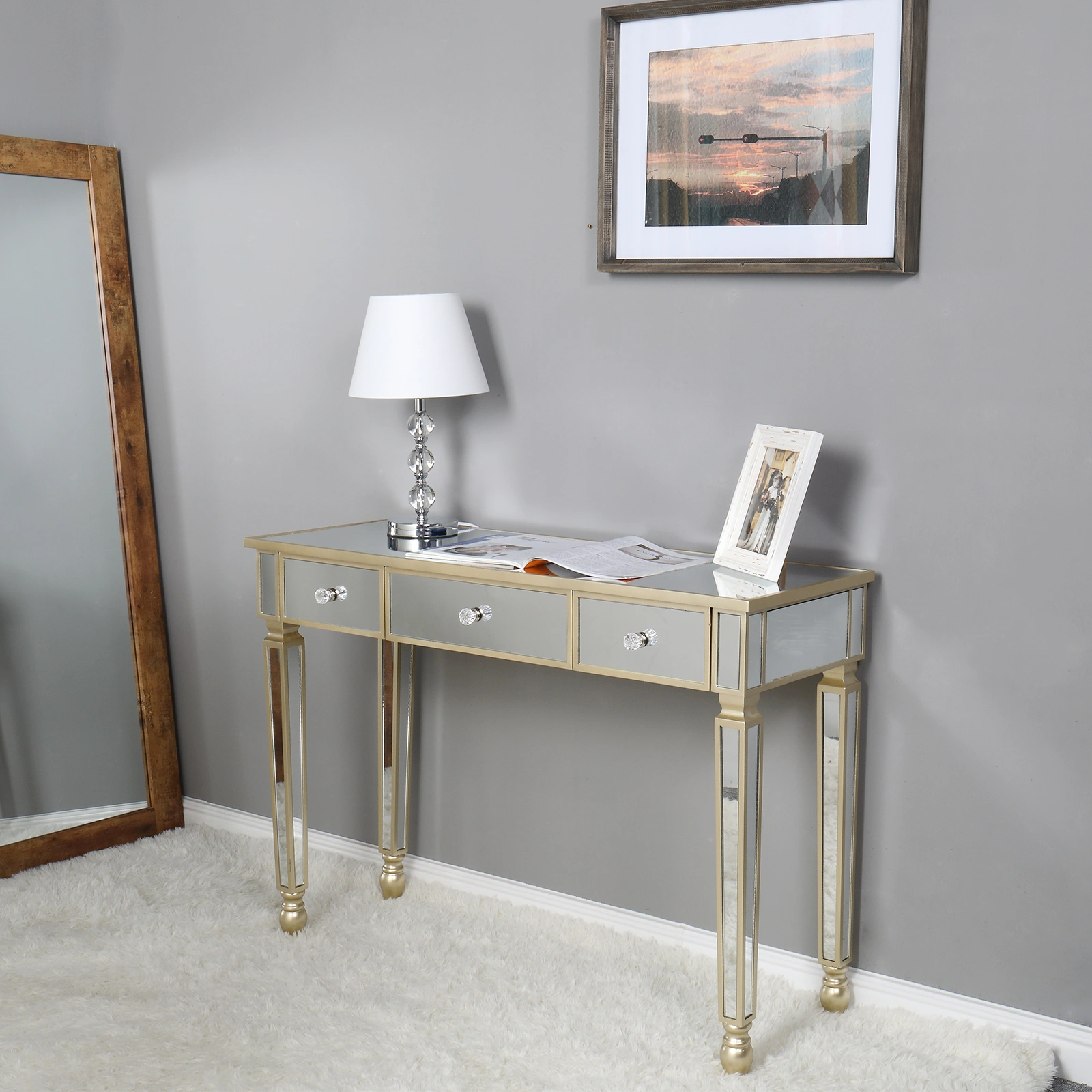 Three Drawers Mirror Table Dressing Table Console Table view 33