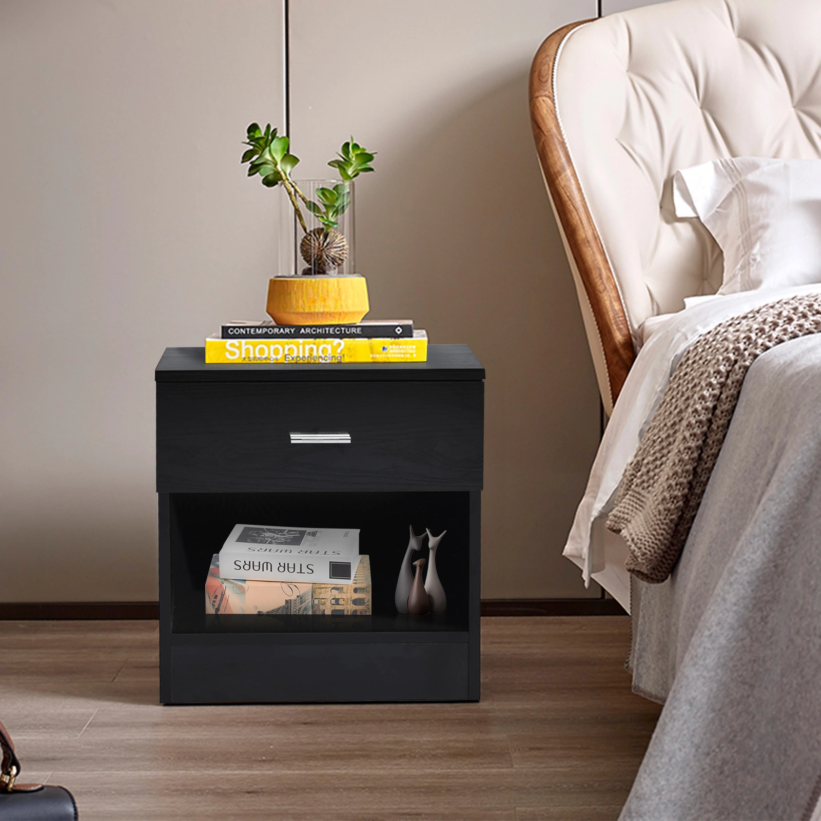 Black Bedside Cabinet with 1 Drawer & Metal Handle - Modern Night Stand Table for Bedroom