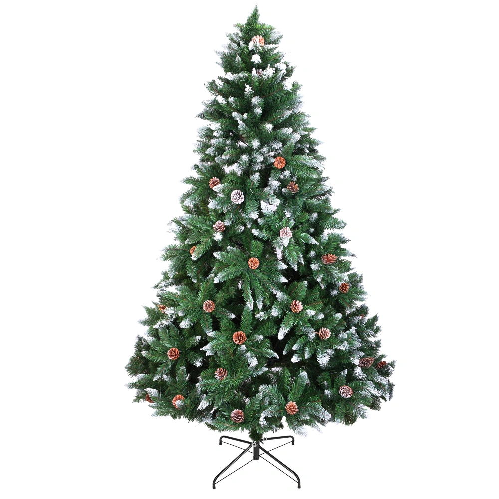 6FT Flocked Christmas Tree, 920 Branch Tips Spray White Pine Tree with Pine Cones, YJ Model
