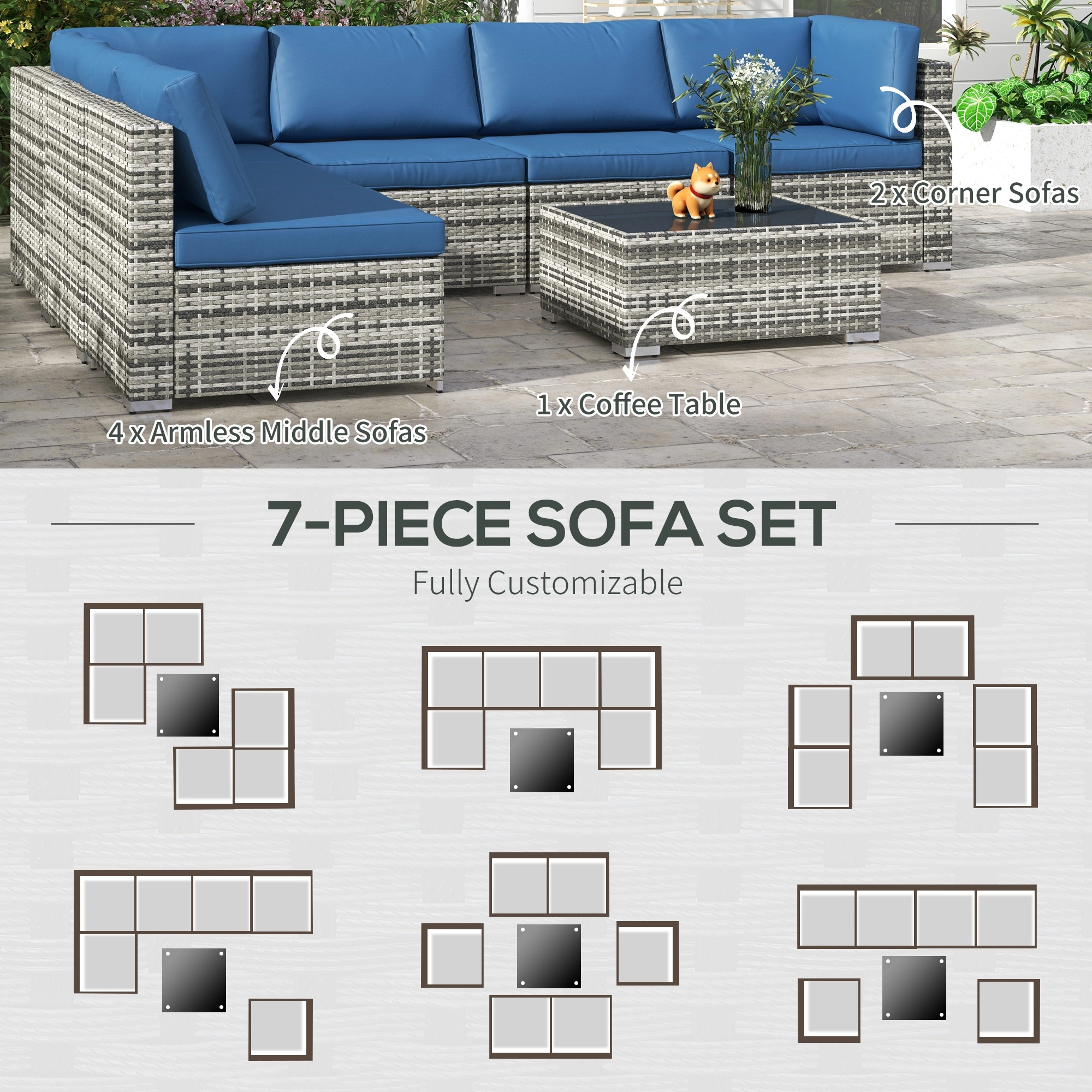 Outdoor 3-Seat Rattan Sofa Set Wicker PE Garden Patio Three Seater Furniture Grey view 2