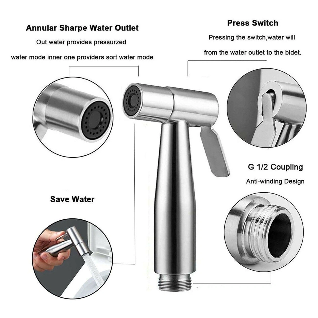 Handheld Bidet Sprayer, Shattaf Toilet Bidet with Hose, Bathroom Cleaner Spray Gun & Shower Head Accessory view 3