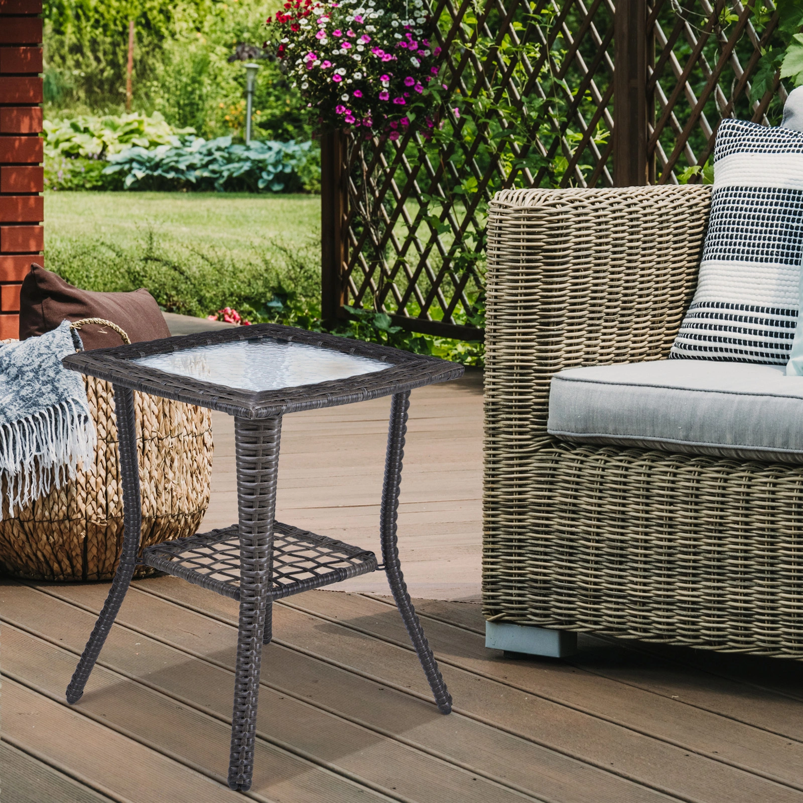 Outdoor Wicker Side Table, Rattan End Table with Glass Top, Patio Coffee Bistro Table for Indoor Garden Porch Balcony, Grey view 10