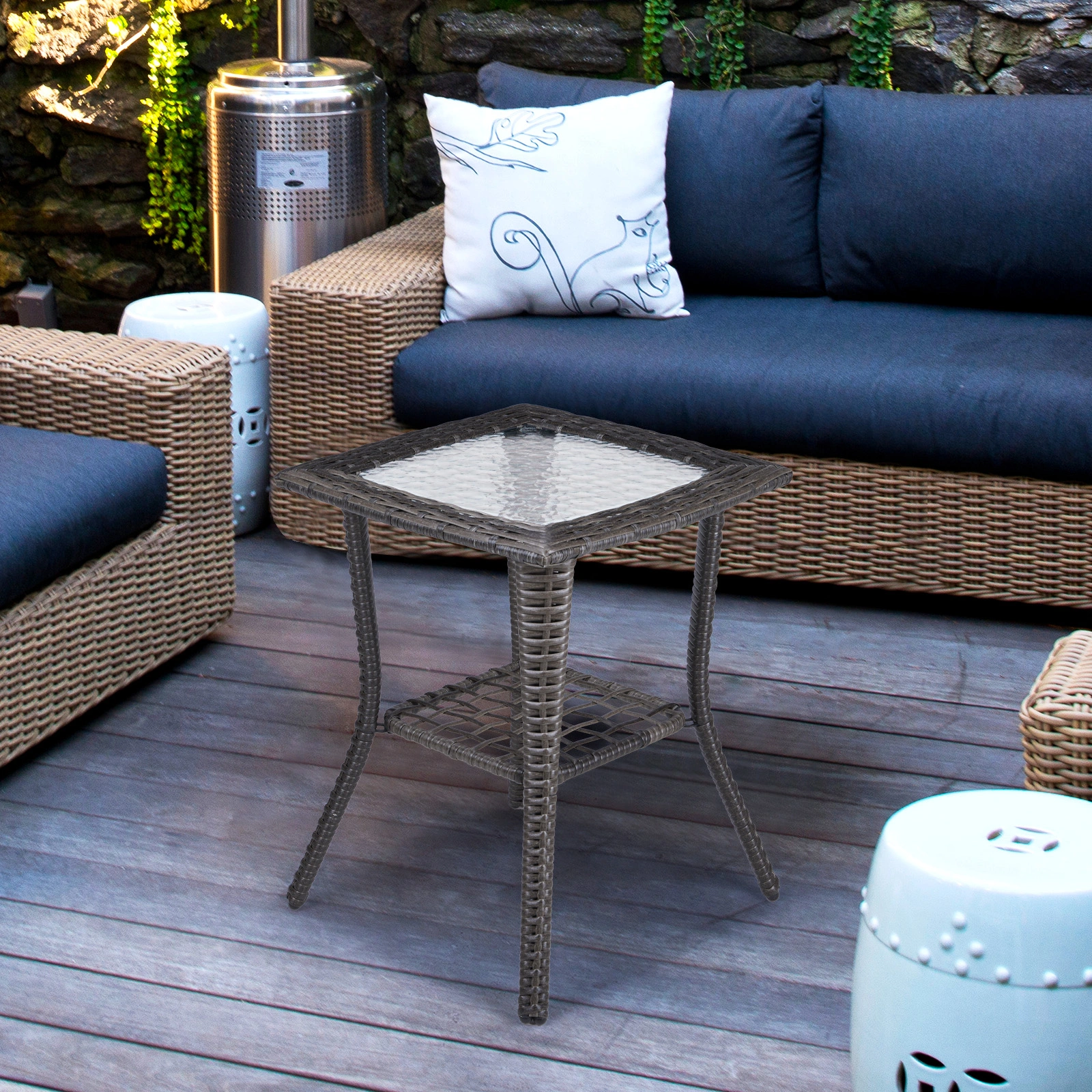 Outdoor Wicker Side Table, Rattan End Table with Glass Top, Patio Coffee Bistro Table for Indoor Garden Porch Balcony, Grey view 11