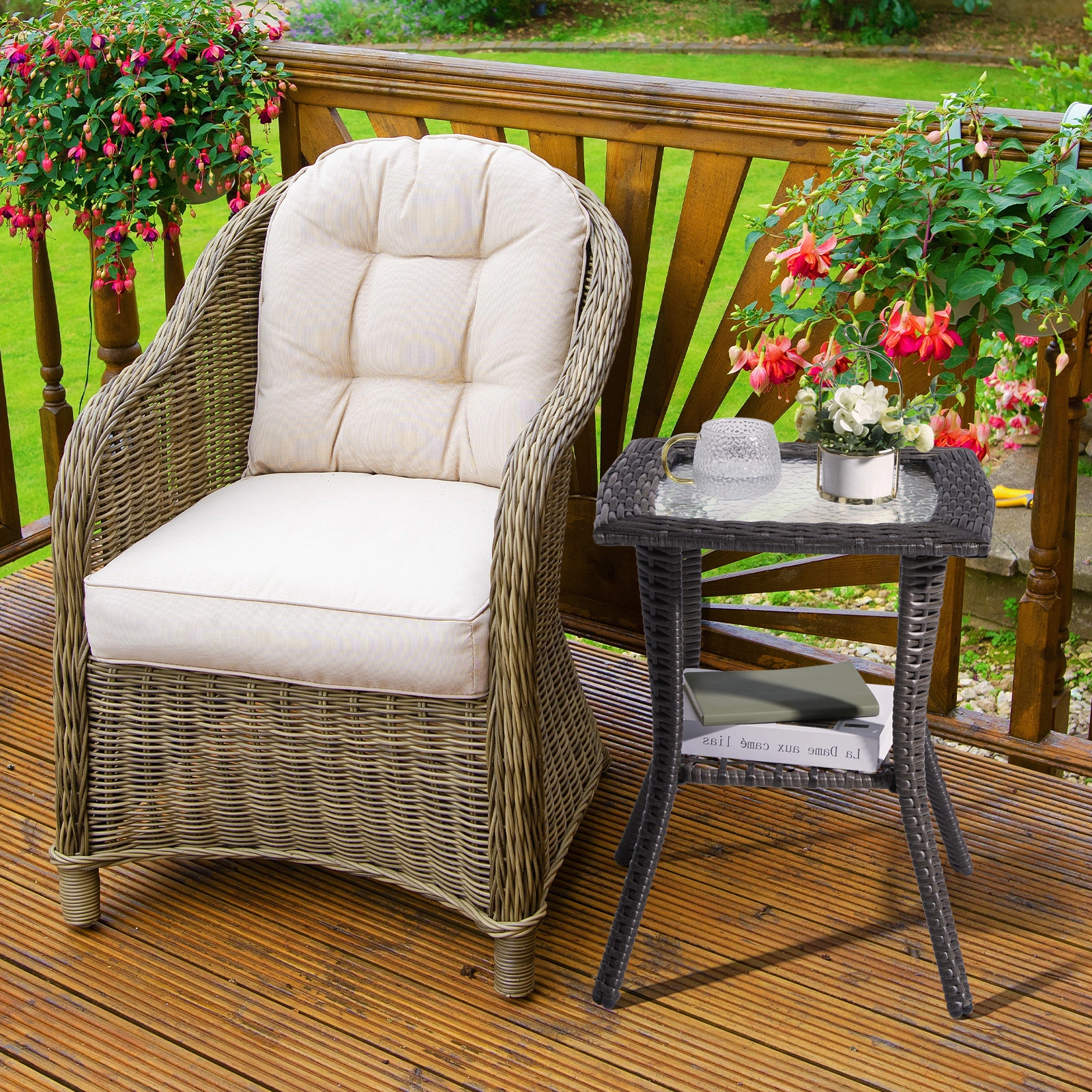 Outdoor Wicker Side Table, Rattan End Table with Glass Top, Patio Coffee Bistro Table for Indoor Garden Porch Balcony, Grey view 13
