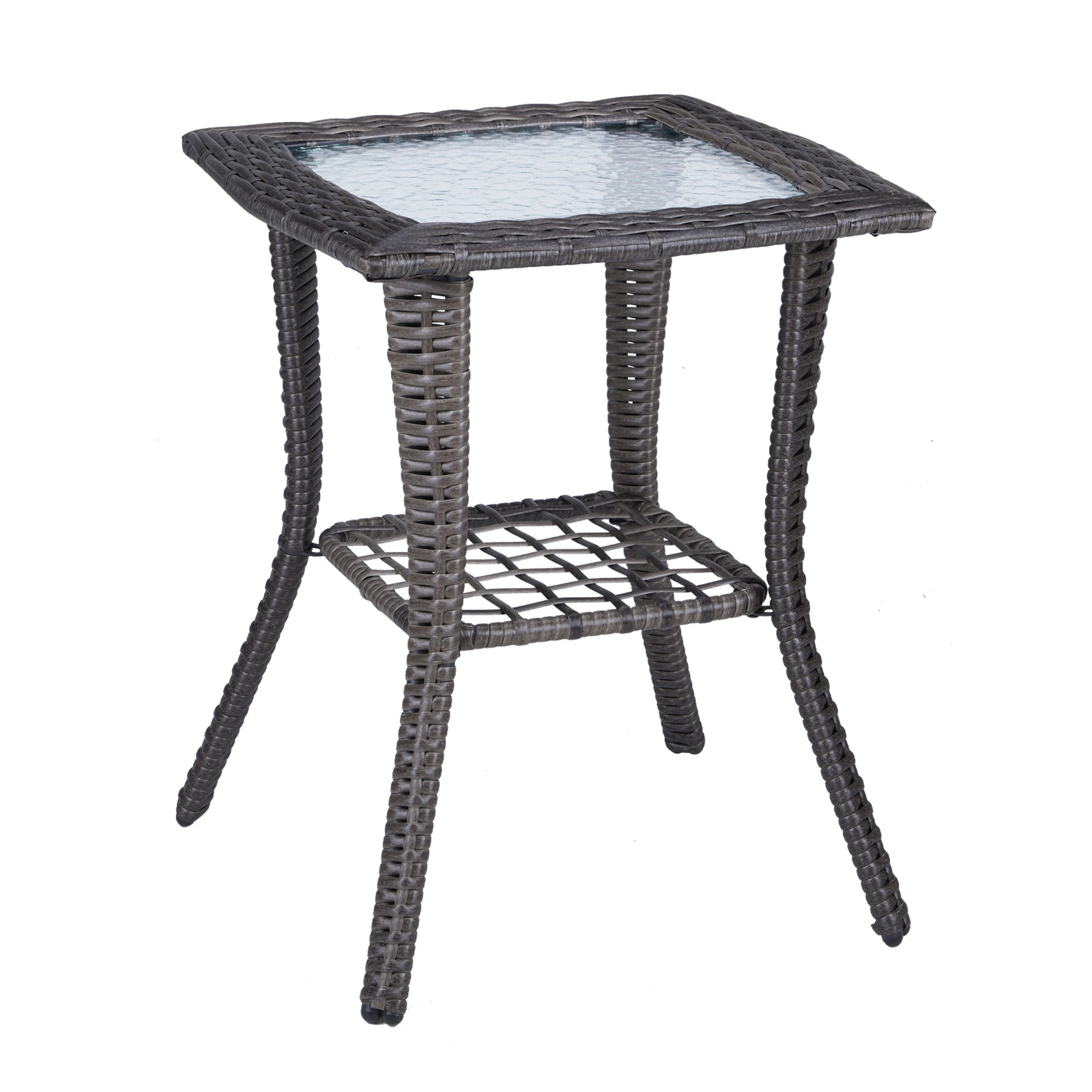 Outdoor Wicker Side Table, Rattan End Table with Glass Top, Patio Coffee Bistro Table for Indoor Garden Porch Balcony, Grey view 14