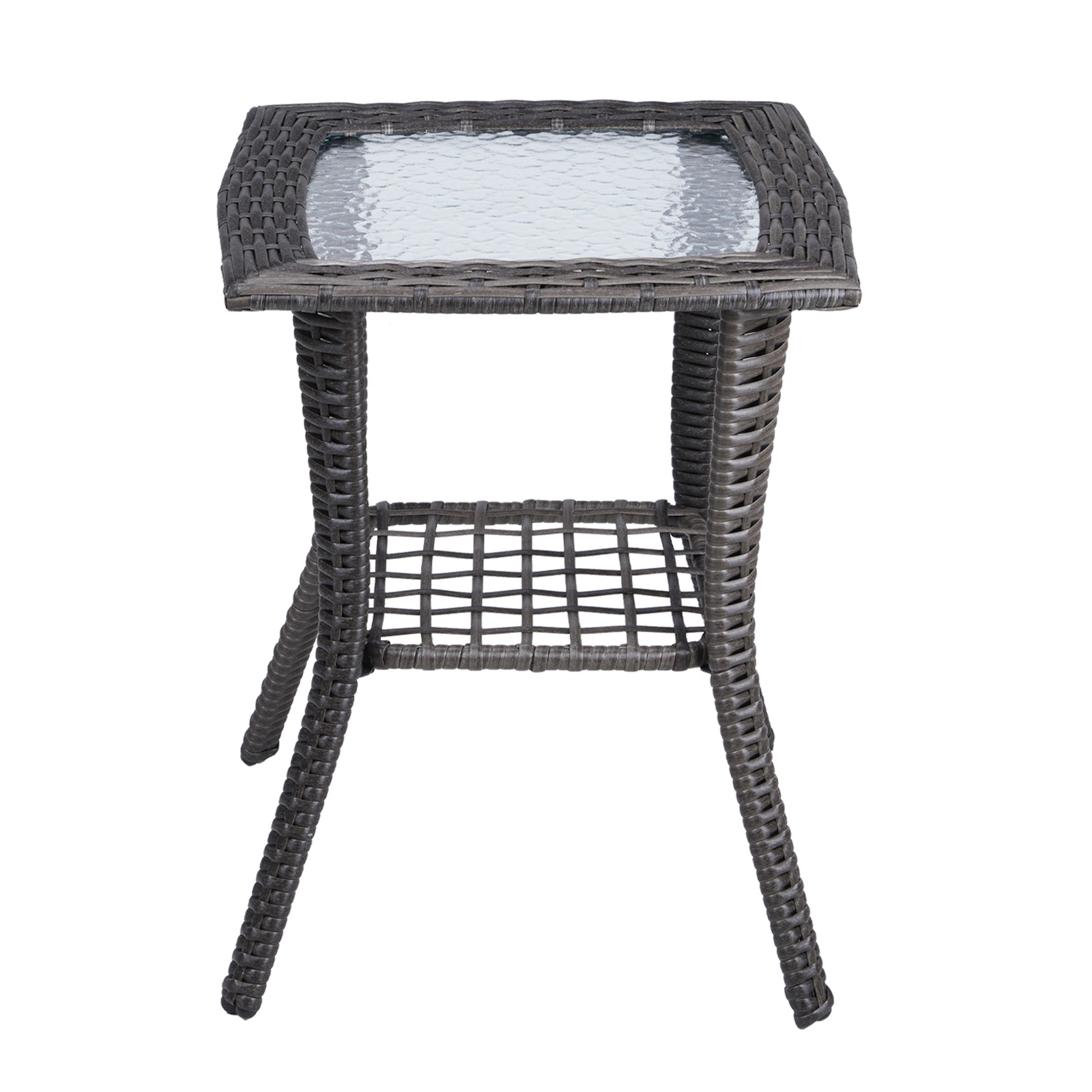 Outdoor Wicker Side Table, Rattan End Table with Glass Top, Patio Coffee Bistro Table for Indoor Garden Porch Balcony, Grey view 2