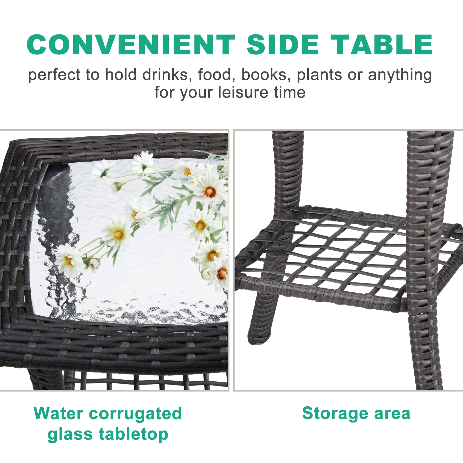 Outdoor Wicker Side Table, Rattan End Table with Glass Top, Patio Coffee Bistro Table for Indoor Garden Porch Balcony, Grey view 4
