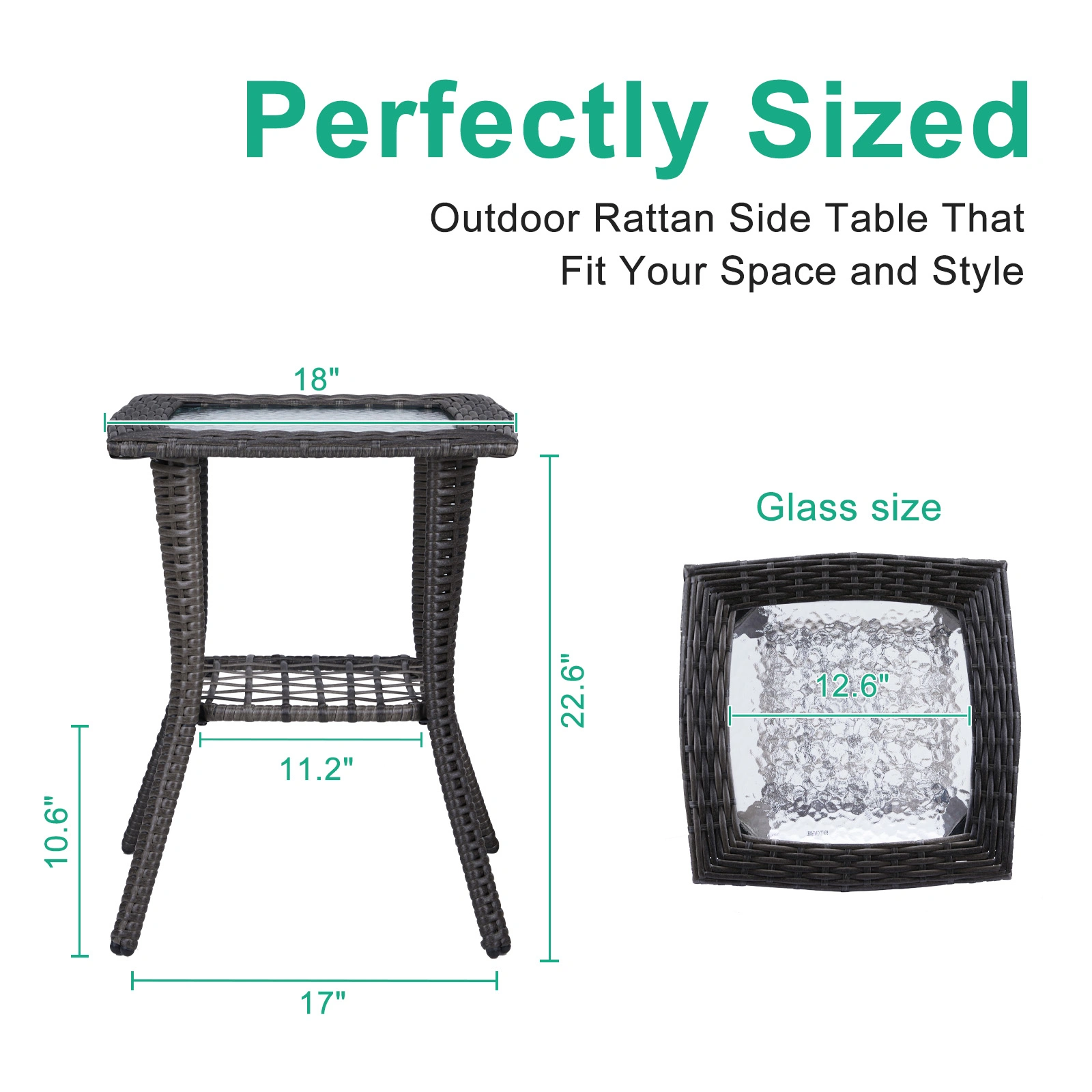 Outdoor Wicker Side Table, Rattan End Table with Glass Top, Patio Coffee Bistro Table for Indoor Garden Porch Balcony, Grey view 5