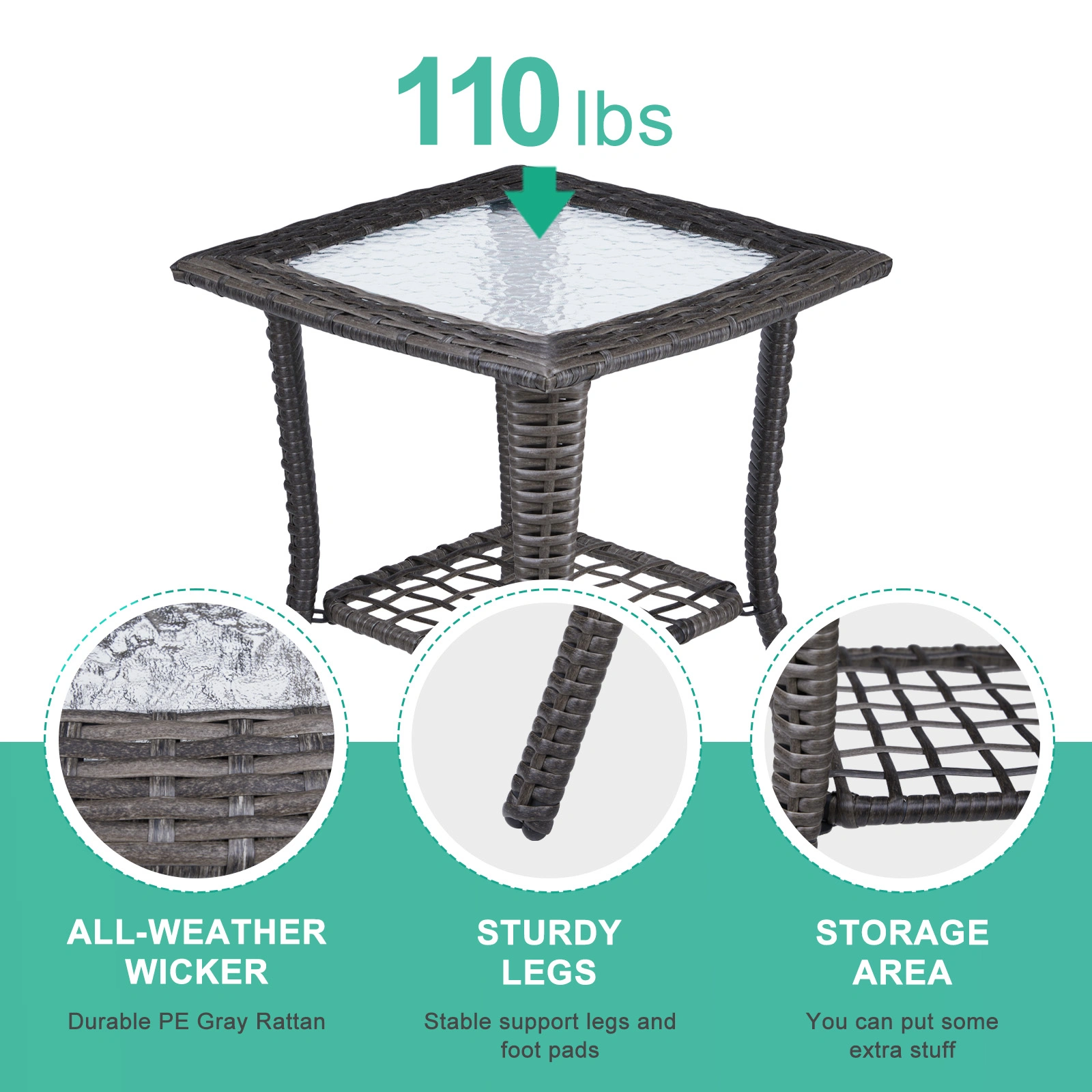 Outdoor Wicker Side Table, Rattan End Table with Glass Top, Patio Coffee Bistro Table for Indoor Garden Porch Balcony, Grey view 6
