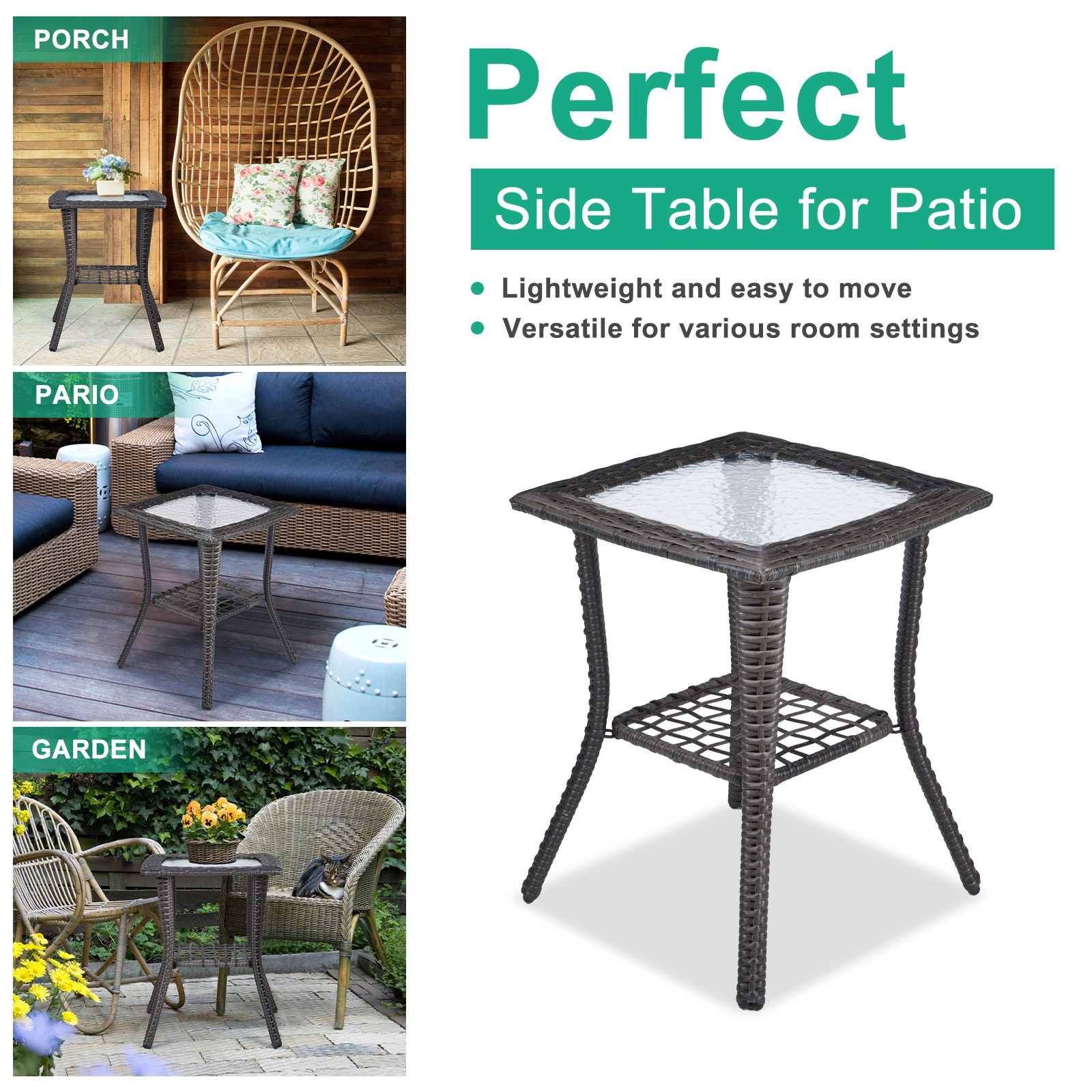 Outdoor Wicker Side Table, Rattan End Table with Glass Top, Patio Coffee Bistro Table for Indoor Garden Porch Balcony, Grey view 7