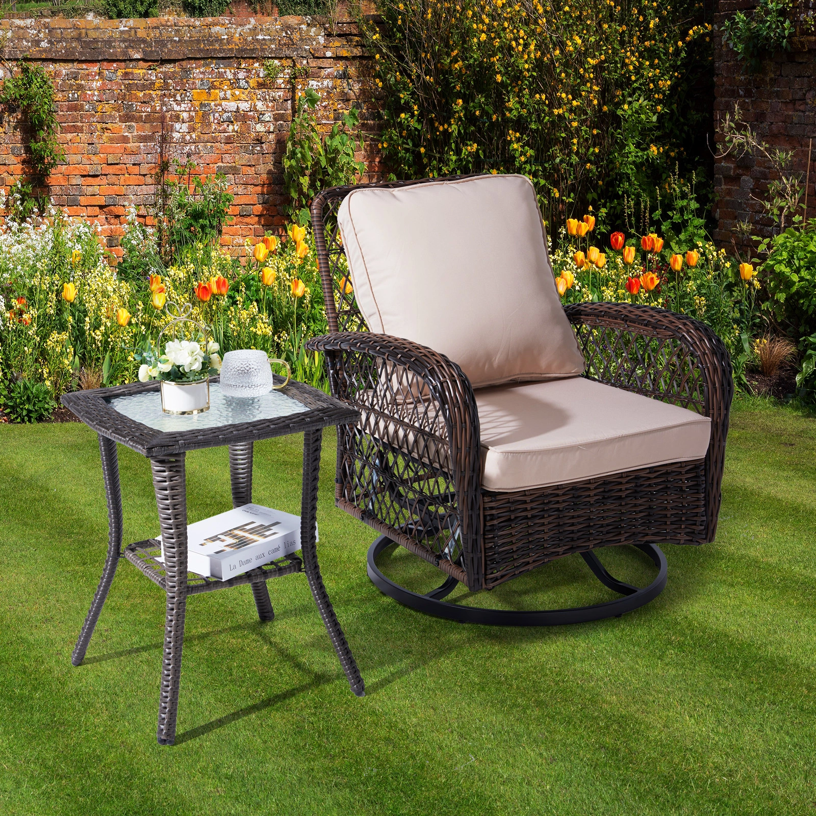 Outdoor Wicker Side Table, Rattan End Table with Glass Top, Patio Coffee Bistro Table for Indoor Garden Porch Balcony, Grey view 9