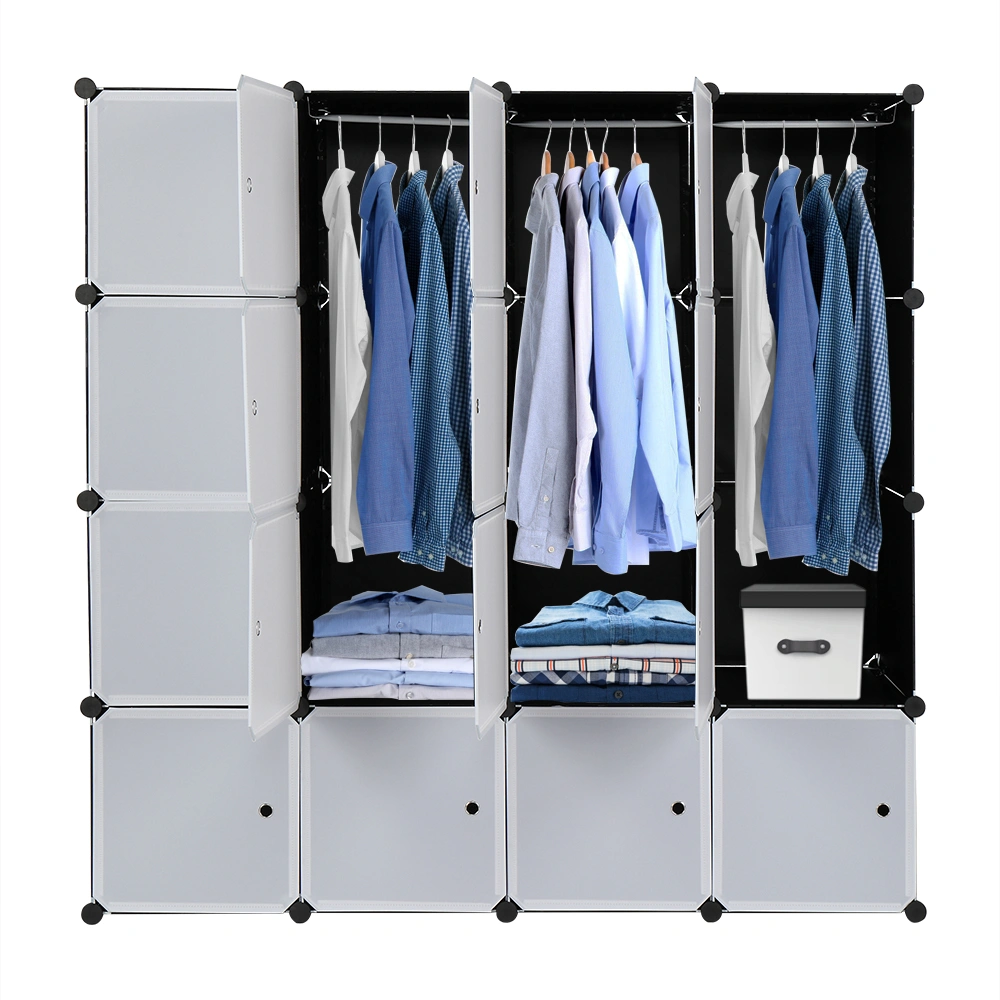 16 Cube Organizer Stackable Plastic Cube Storage Shelves Design Multifunctional Modular Closet Cabinet with Hanging Rod White Doors and Black Panels Includes 3 clothes rails view 2