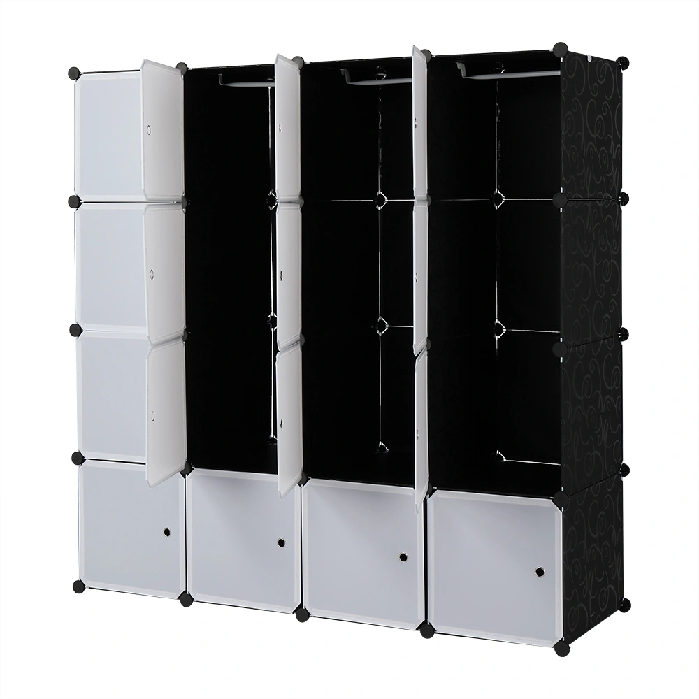 16 Cube Organizer Stackable Plastic Cube Storage Shelves Design Multifunctional Modular Closet Cabinet with Hanging Rod White Doors and Black Panels Includes 3 clothes rails view 3
