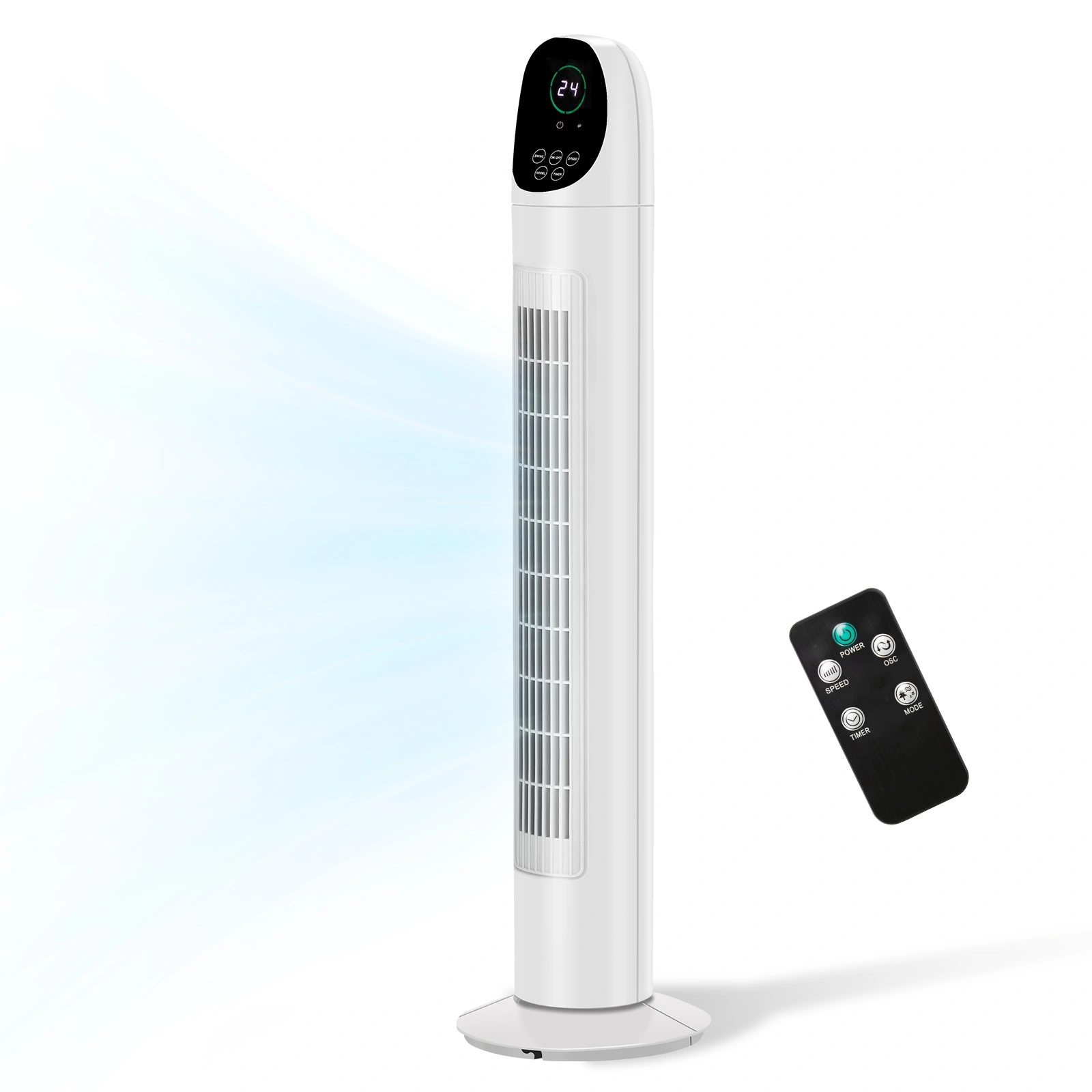 US Standard TF-36BR Tower Fan, 110V 50W, 34 Inch, No Water Tank, Remote Control & Digital Display, Plastic Material, Black & White, Concave Arc Head, 9-Hour Timer, Indoor Use
