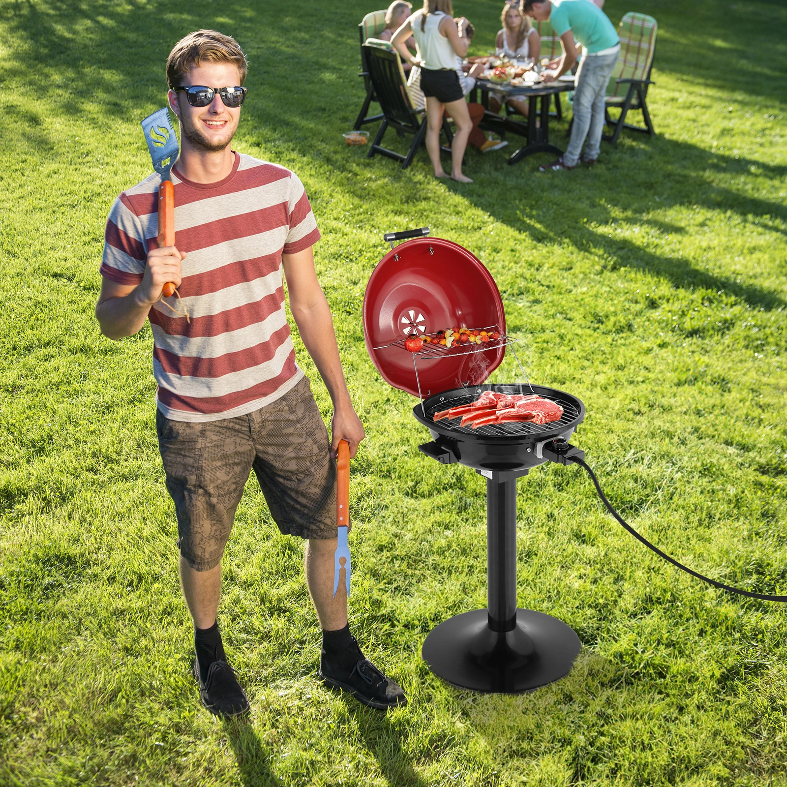 Electric BBQ Grill with Stand, Portable Double Layer Indoor/Outdoor Electric Grill for Indoor & Outdoor Use, 1600W, Red view 8