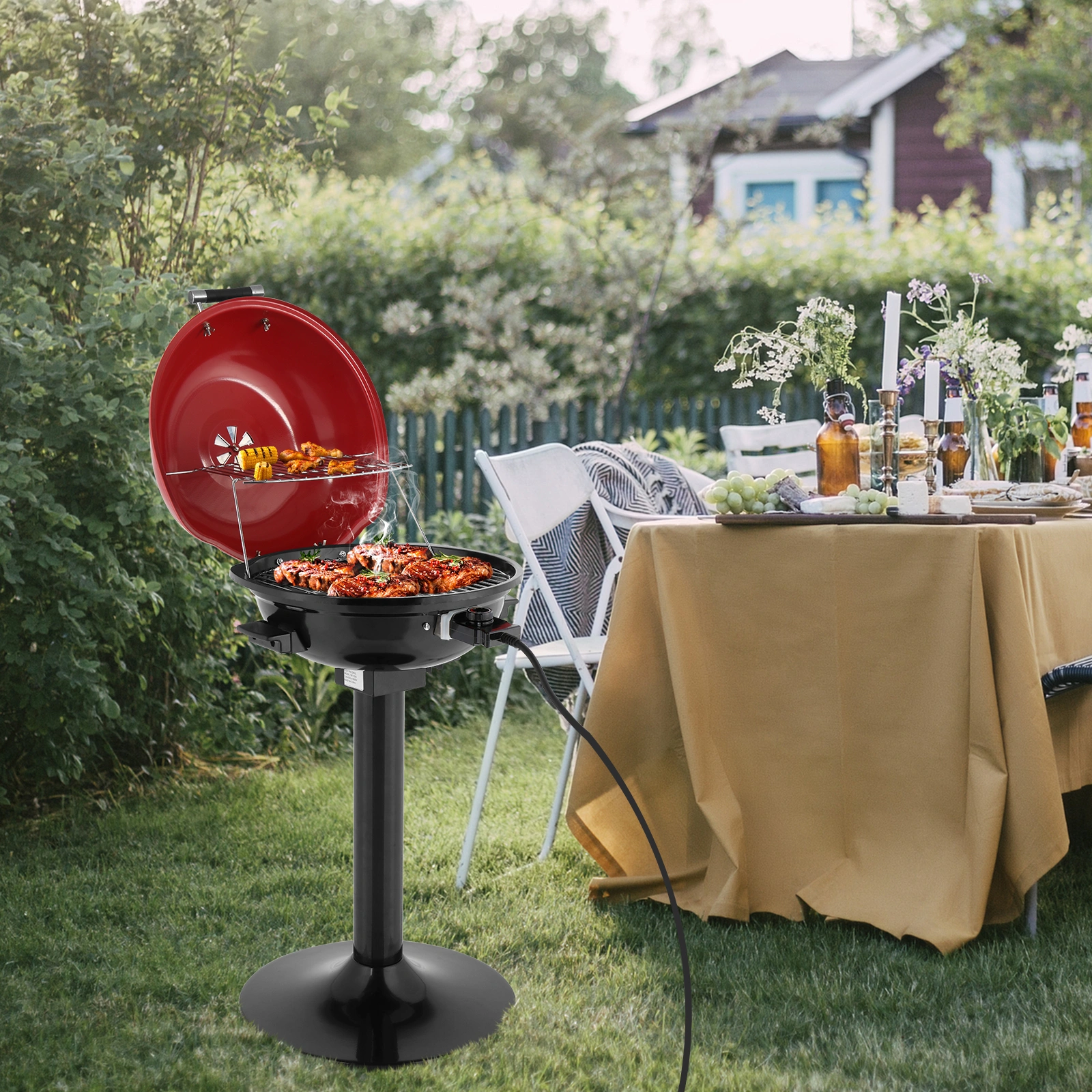 Electric BBQ Grill with Stand, Portable Double Layer Indoor/Outdoor Electric Grill for Indoor & Outdoor Use, 1600W, Red view 9