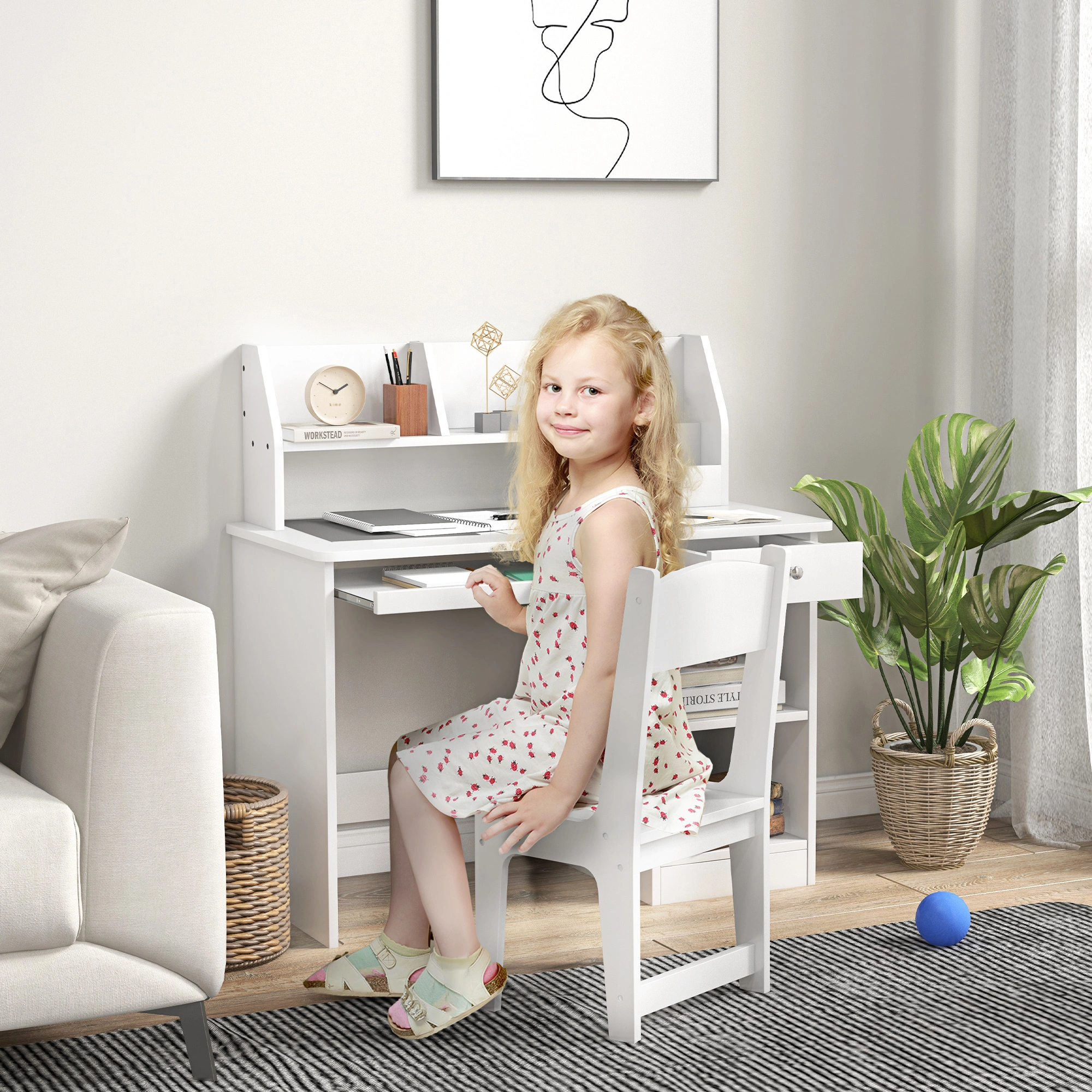 Kids Study Desk with Storage Bins and Drawer, Adjustable Height Writing Table, Ergonomic Learning Station for Bedroom, Home Office