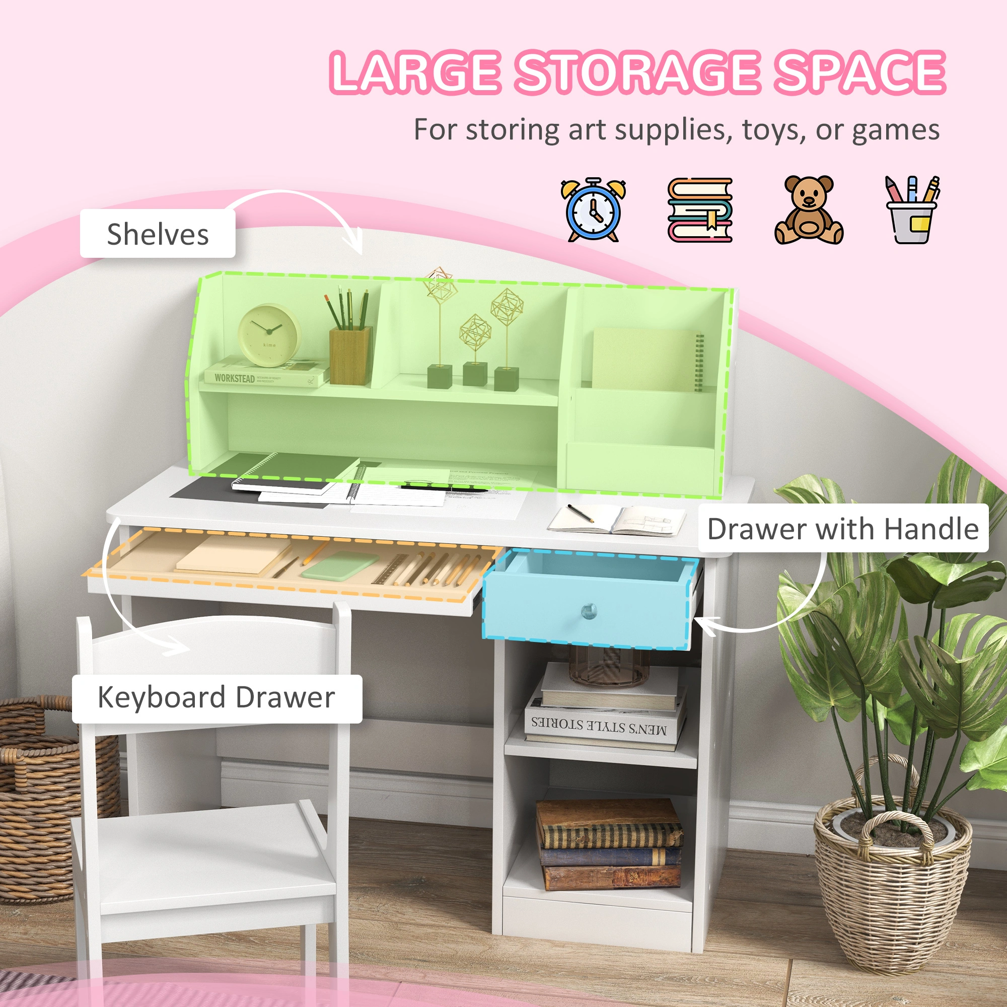 Kids Study Desk with Storage Bins and Drawer, Adjustable Height Writing Table, Ergonomic Learning Station for Bedroom, Home Office view 3