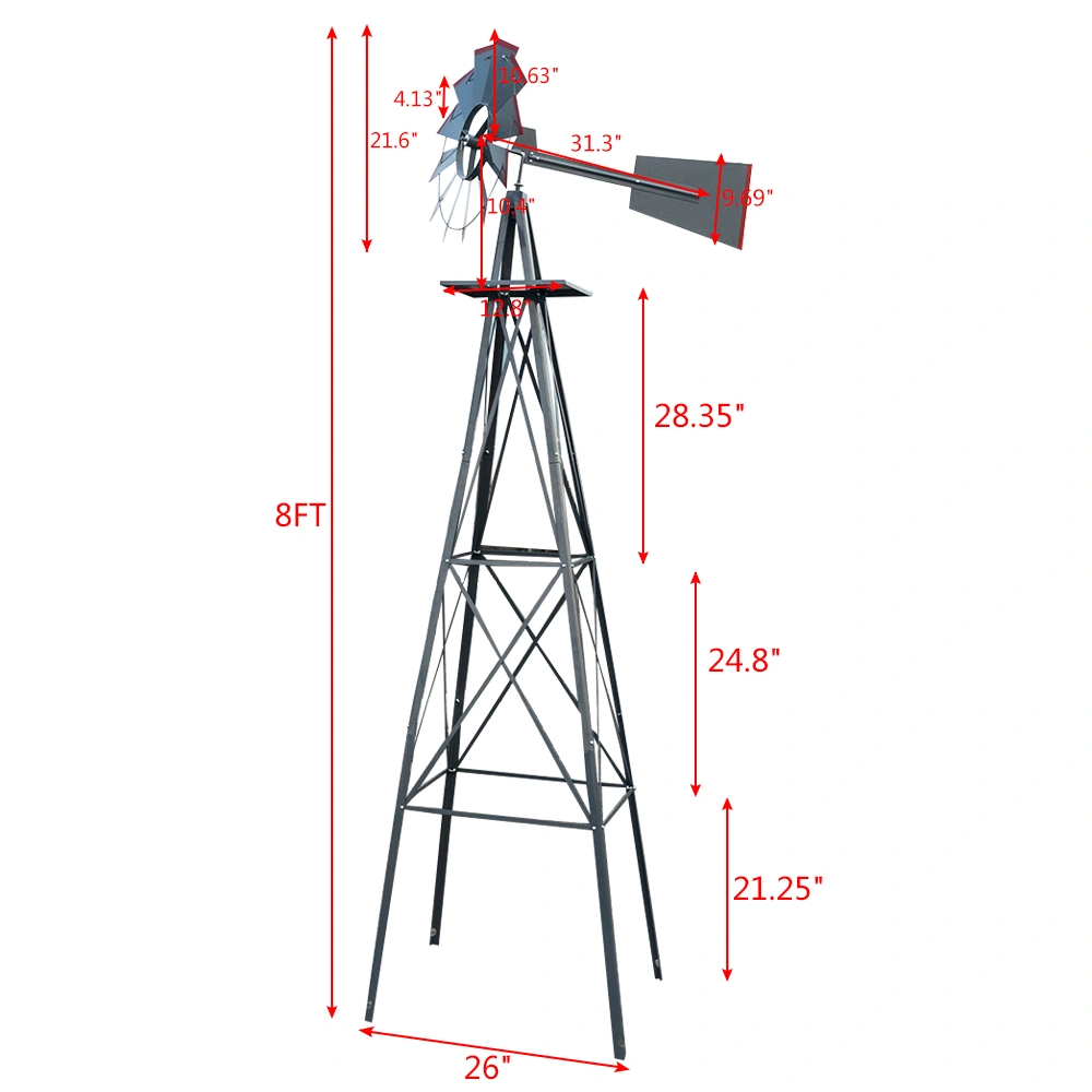 8FT Weather Resistant Yard Garden Windmill Gray & Red view 9