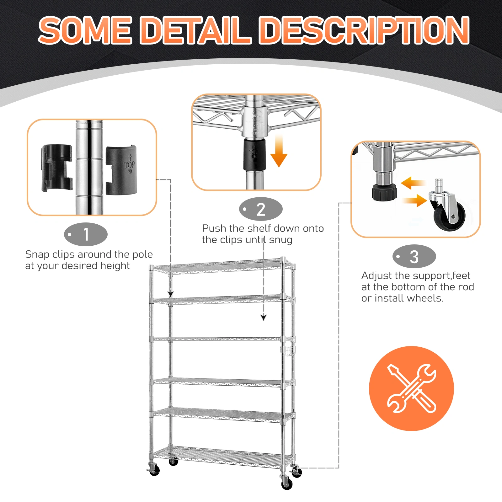 6-Tier disassembly and free assembly NSF-Certified Steel Wire Shelving with Wheels view 19