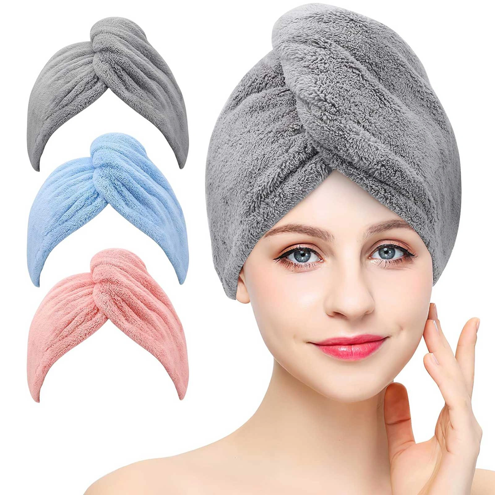3 Piece Hair Towel Wrap for Women, Microfiber Hair Turban Ultra Absorbent Hair Dryer Cap for Curly Long Thick Hair, Blue Grey Pink