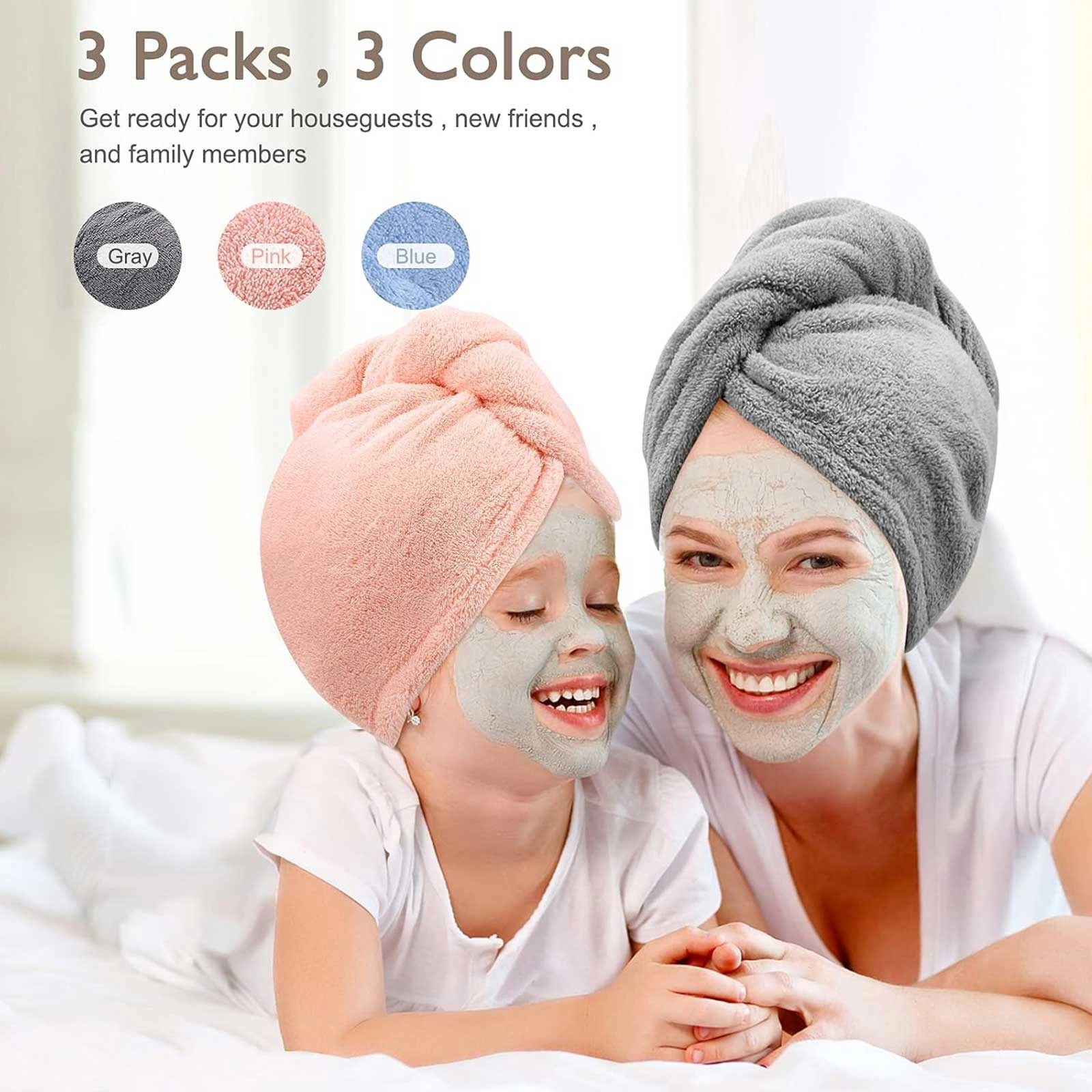 3 Piece Hair Towel Wrap for Women, Microfiber Hair Turban Ultra Absorbent Hair Dryer Cap for Curly Long Thick Hair, Blue Grey Pink view 2
