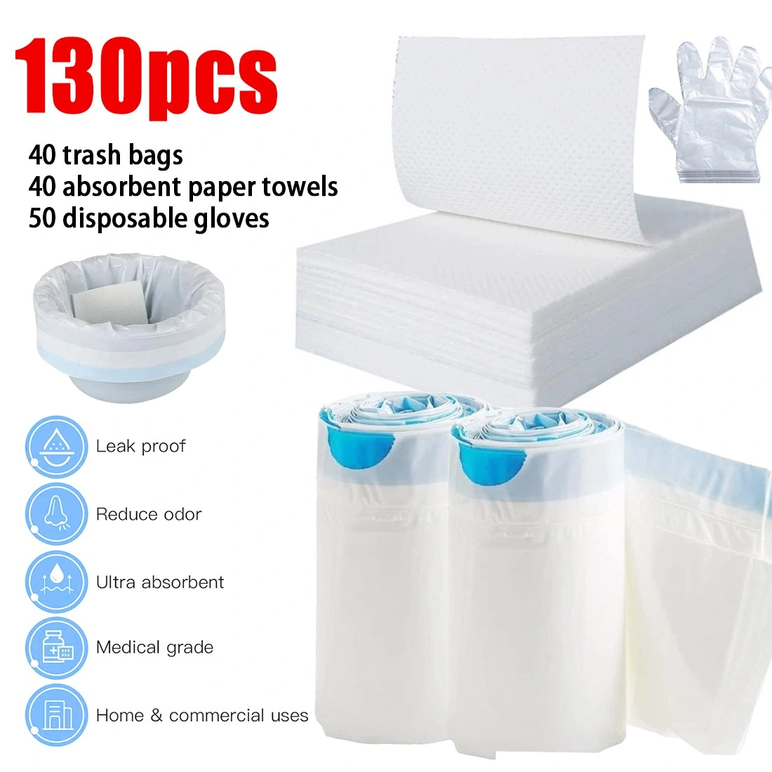 80 Pack Commode Liners Disposable Bags with Absorbent Pad, Odorless Universal Fit Toilet Liner