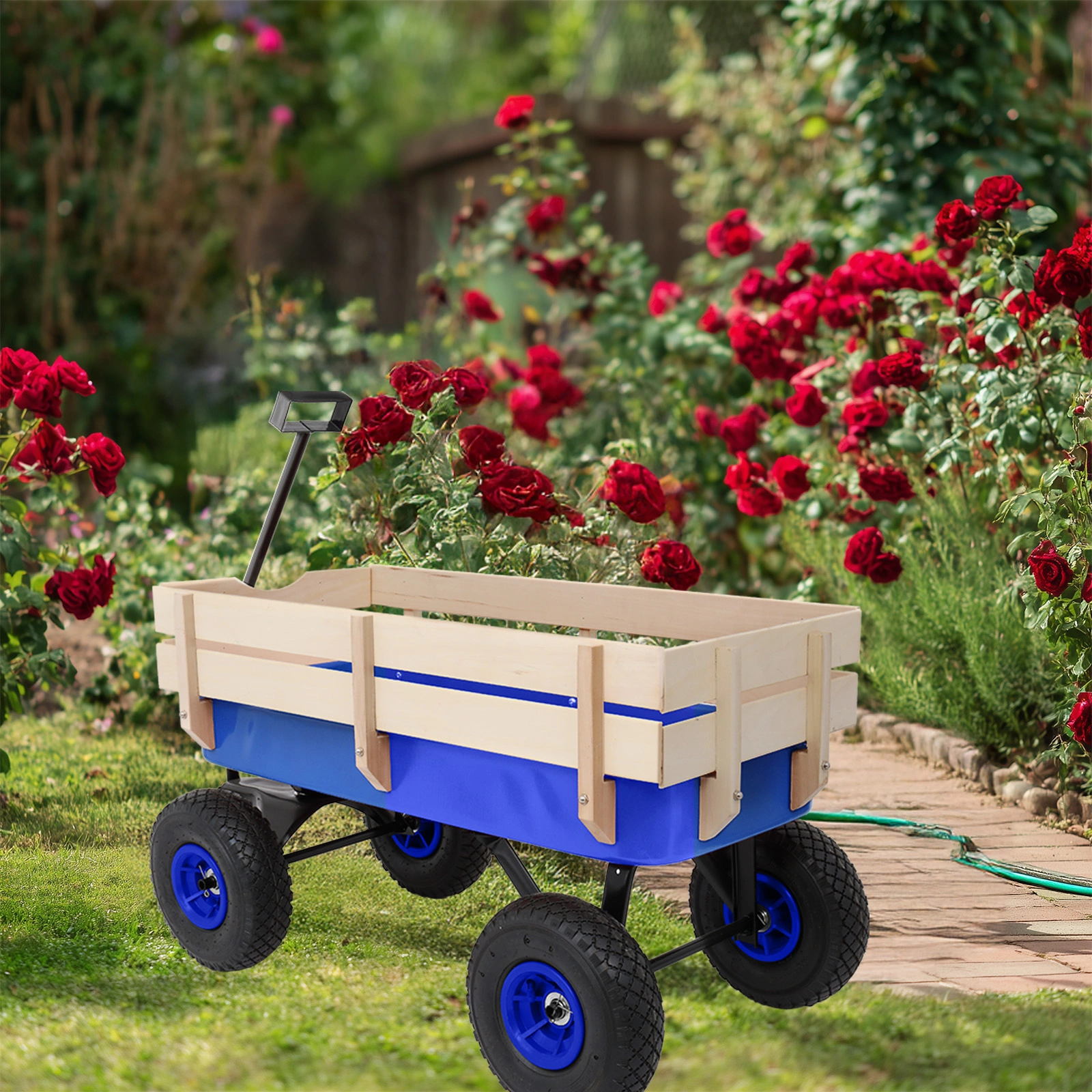 Heavy Duty Steel Wooden Side Support Cargo Wagon with 10" All-Terrain Air Tires, Up to 220lb Load Capacity, for Towing Kids Toys, Gardening Supplies, Blue view 10