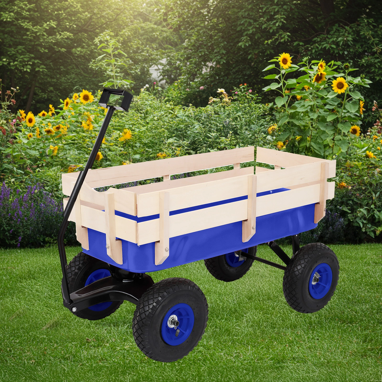 Heavy Duty Steel Wooden Side Support Cargo Wagon with 10" All-Terrain Air Tires, Up to 220lb Load Capacity, for Towing Kids Toys, Gardening Supplies, Blue view 8