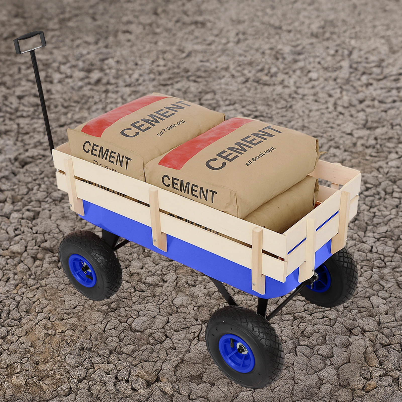 Heavy Duty Steel Wooden Side Support Cargo Wagon with 10" All-Terrain Air Tires, Up to 220lb Load Capacity, for Towing Kids Toys, Gardening Supplies, Blue view 9