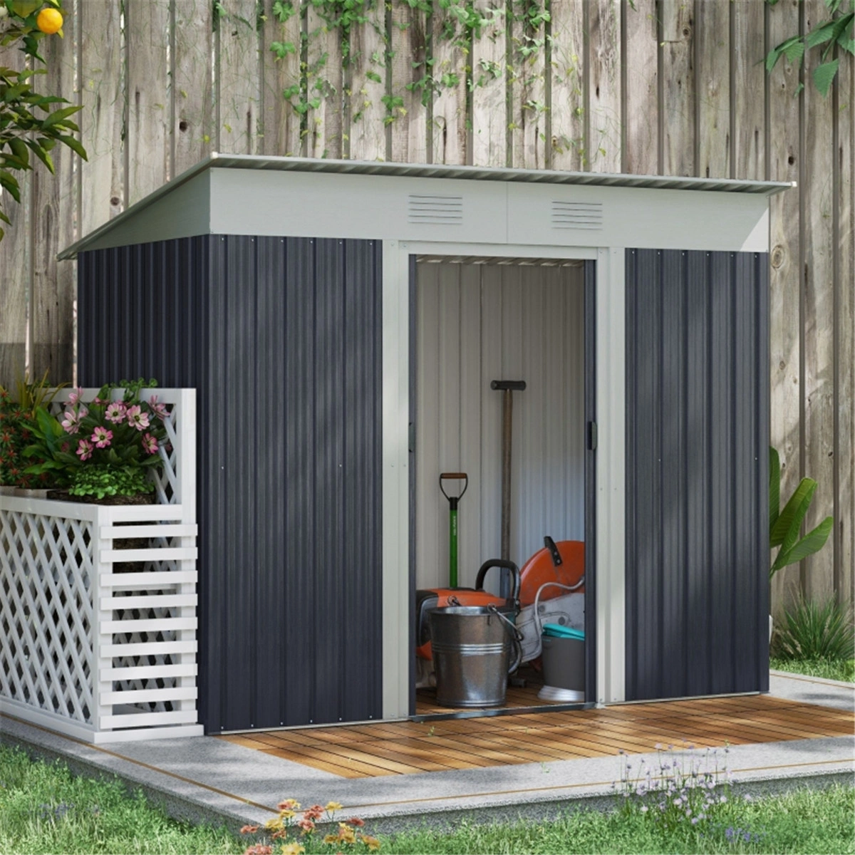 Garden Shed for Outdoor Storage, Large Metal Garden Shed with Roof, Weather-Resistant Garden Shed for Tools, Lawnmower, and Equipment