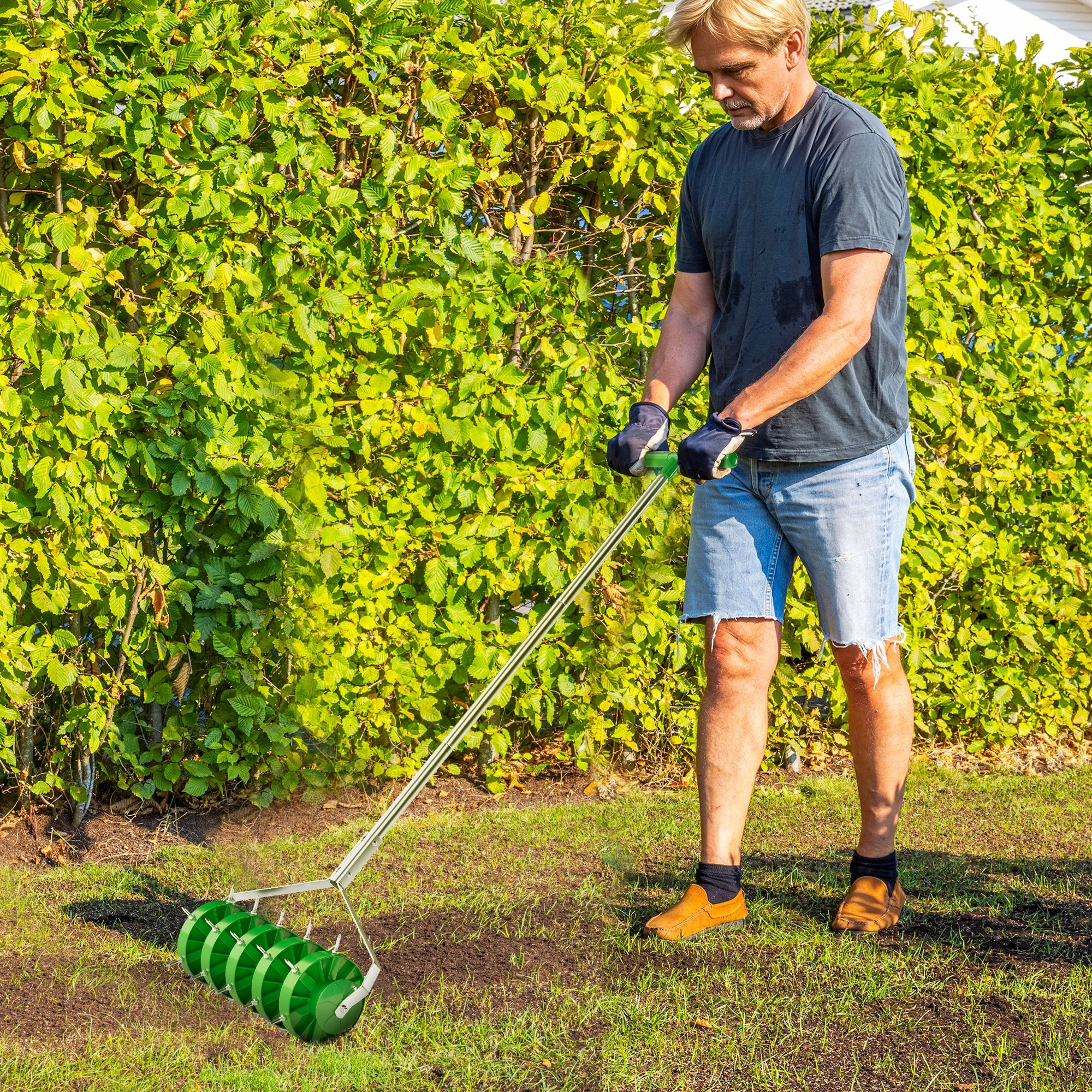 Manual Rolling Lawn Aerator Shoe with Sharp Metal Spikes, Lawn Care Tool for Yard view 2