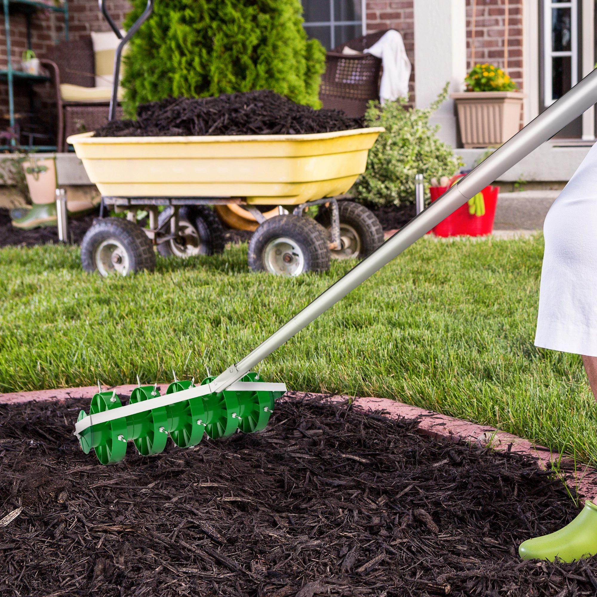 Manual Rolling Lawn Aerator Shoe with Sharp Metal Spikes, Lawn Care Tool for Yard view 5