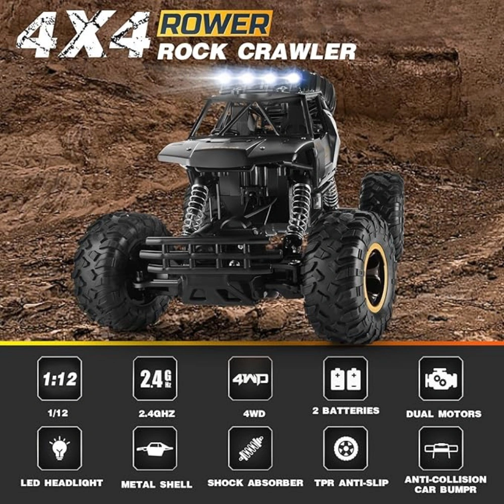 2025 1:12 Rock Crawler RC Truck 4WD Rechargeable Off Road Vehicle Metal Shell LED Headlights Remote Control view 2