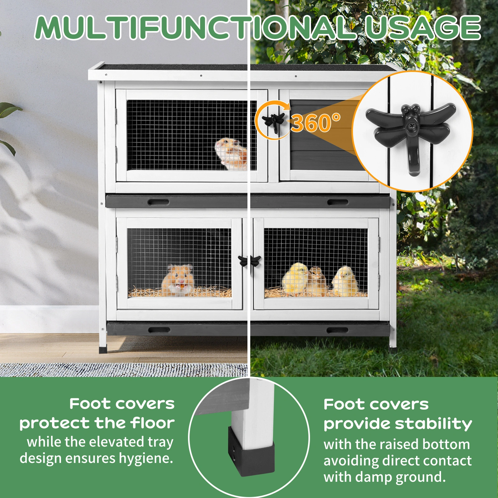 2 Story Solid Wood Rabbit Hutch Bunny Cage with 2 Large Main Rooms, Indoor Outdoor Rabbit House Guinea Pig Cage Pet House for Small Animals with 2 Removable Trays, Grey view 12